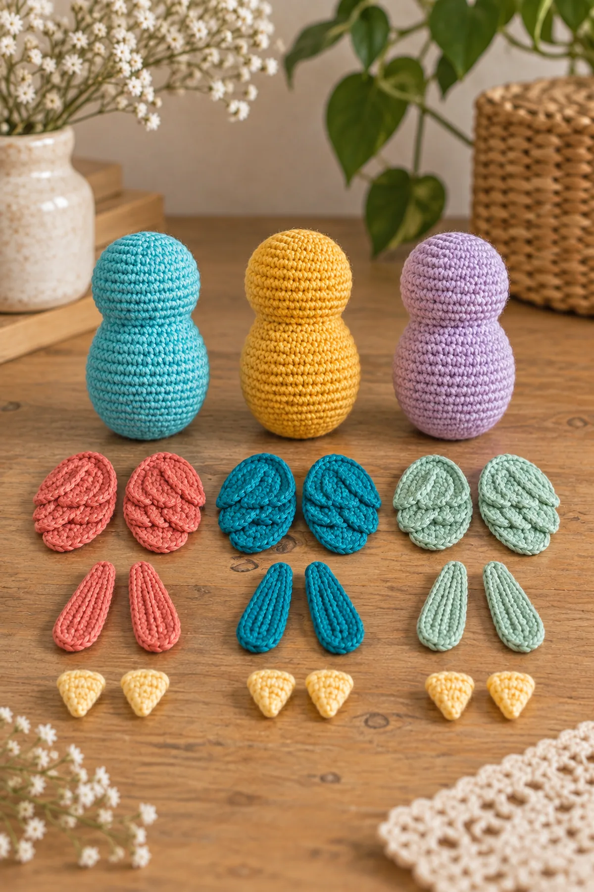 Flat paired wings, paired tapered tail feathers, six tiny soft beak triangles, and embroidered-foot placement beside the three parrot bodies before assembly