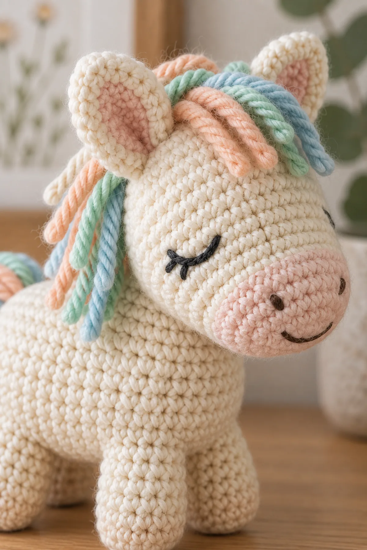 Close-up of embroidered pony eyes nostrils and mouth, fully sewn muzzle and lined ears, reinforced head seam, and short anchored pastel mane details