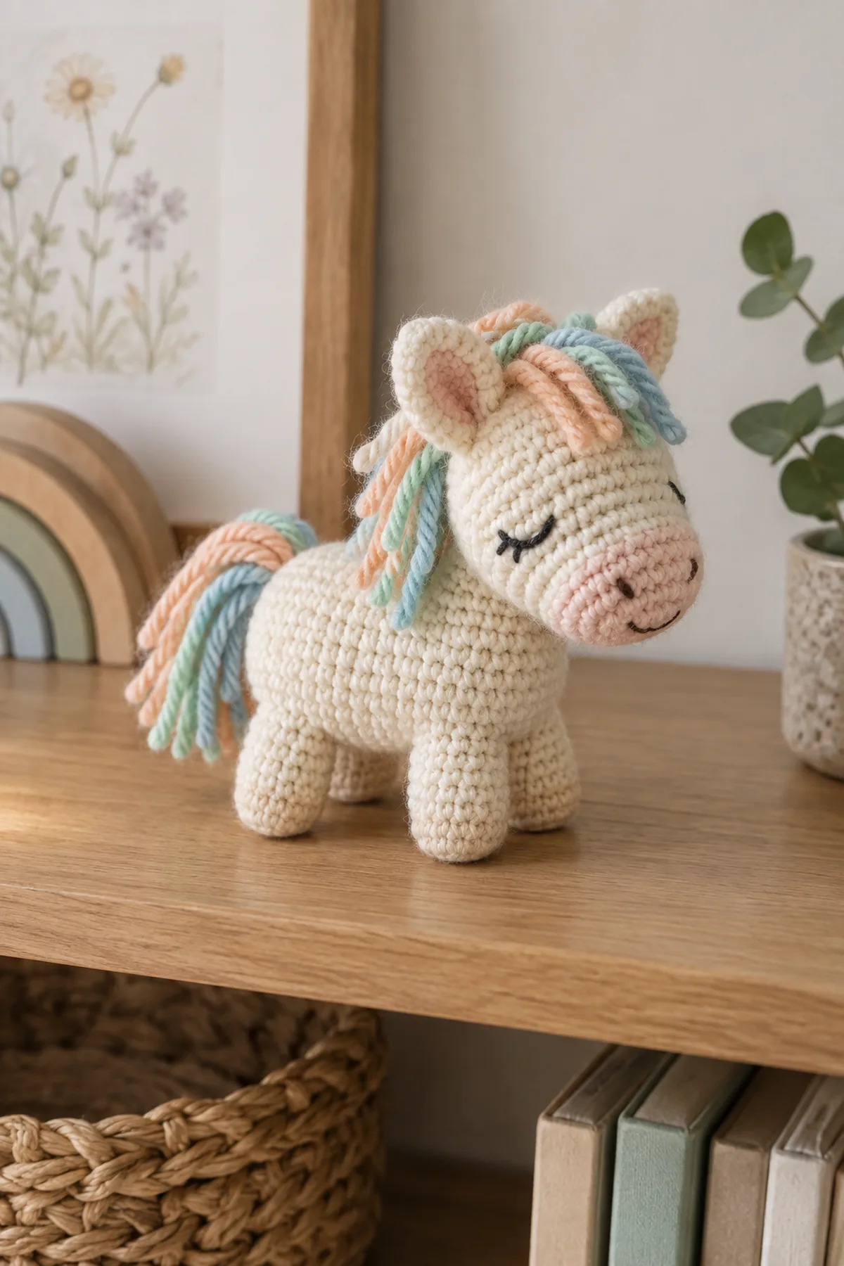 Finished original tiny cream crochet pocket pony with rounded body, embroidered sleepy face, blush muzzle and inner ears, four balanced stubby legs, and a short sherbet pastel mane and tail