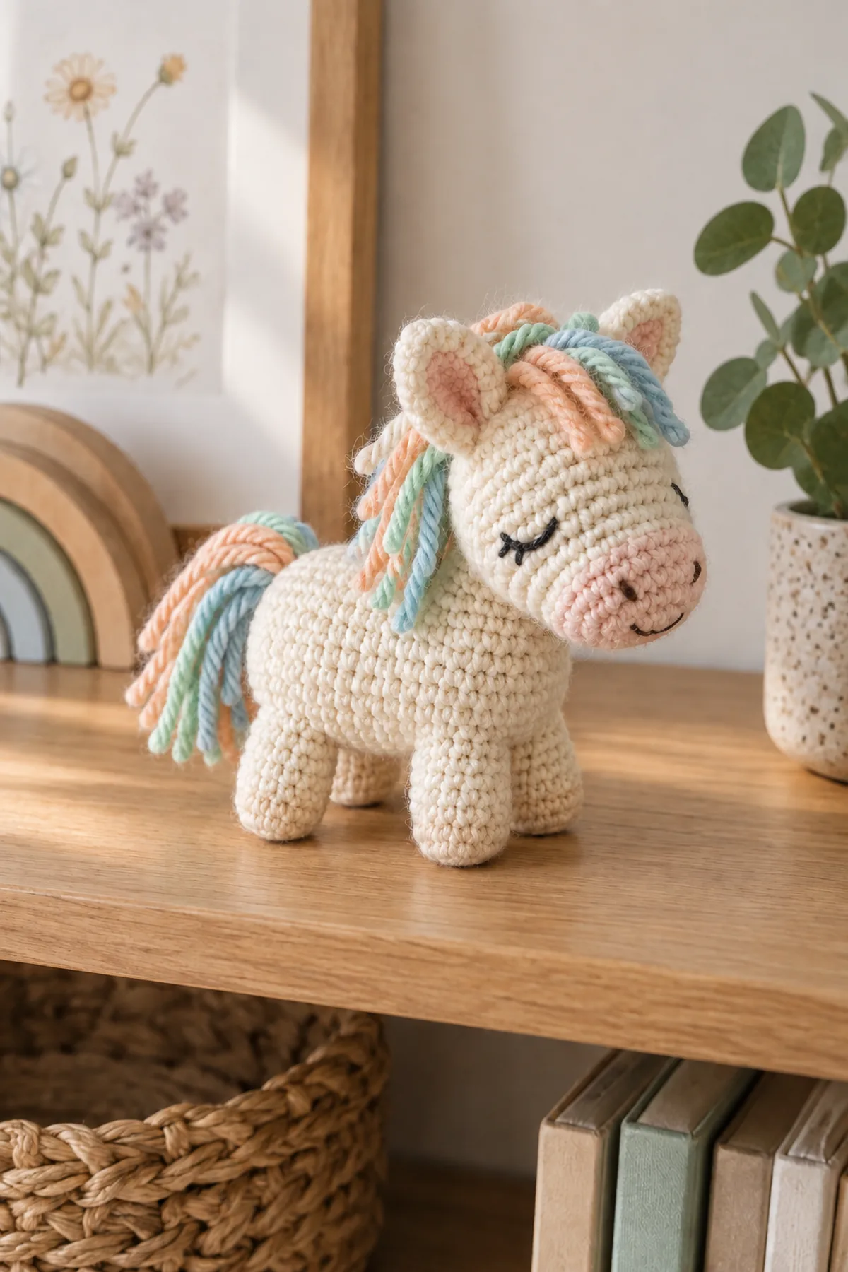 Completed tiny cream pocket pony standing on a warm nursery shelf with four even legs and a short pastel mane and tail, no child present