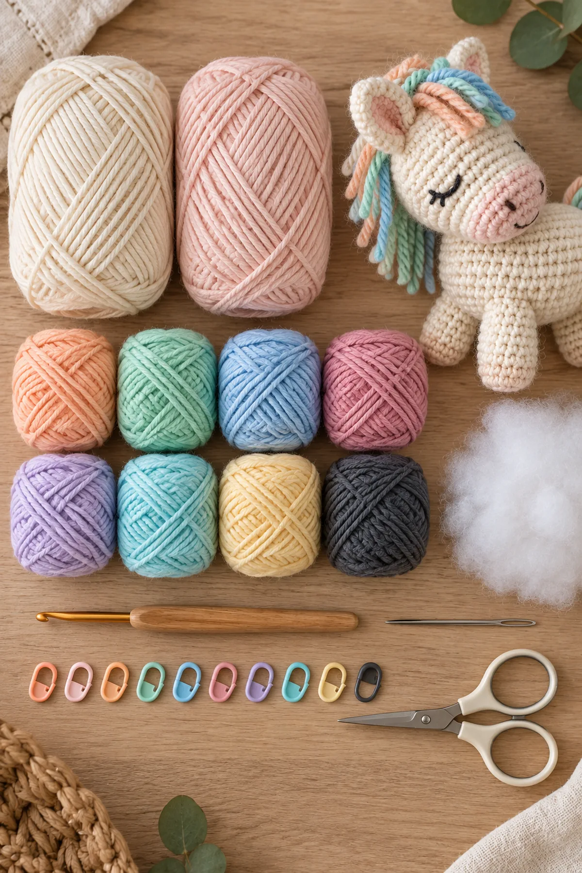 Cream and blush sport-weight cotton yarn plus peach, mint, sky, rose, lilac, aqua, pale yellow, and charcoal accent yarn with 3 mm hook, stuffing, markers, yarn needle, and scissors