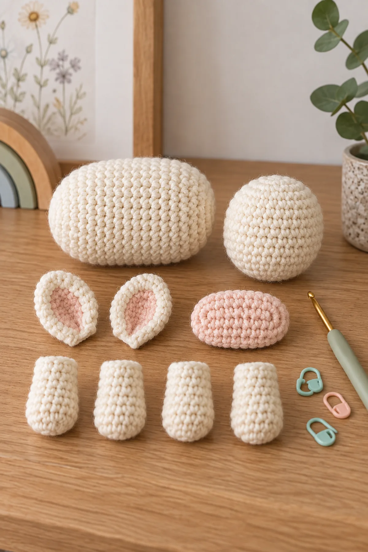 Firm 30-stitch oval pony body, separate 24-stitch head, flat blush oval muzzle, two lined ears, and four matching 12-stitch legs before assembly