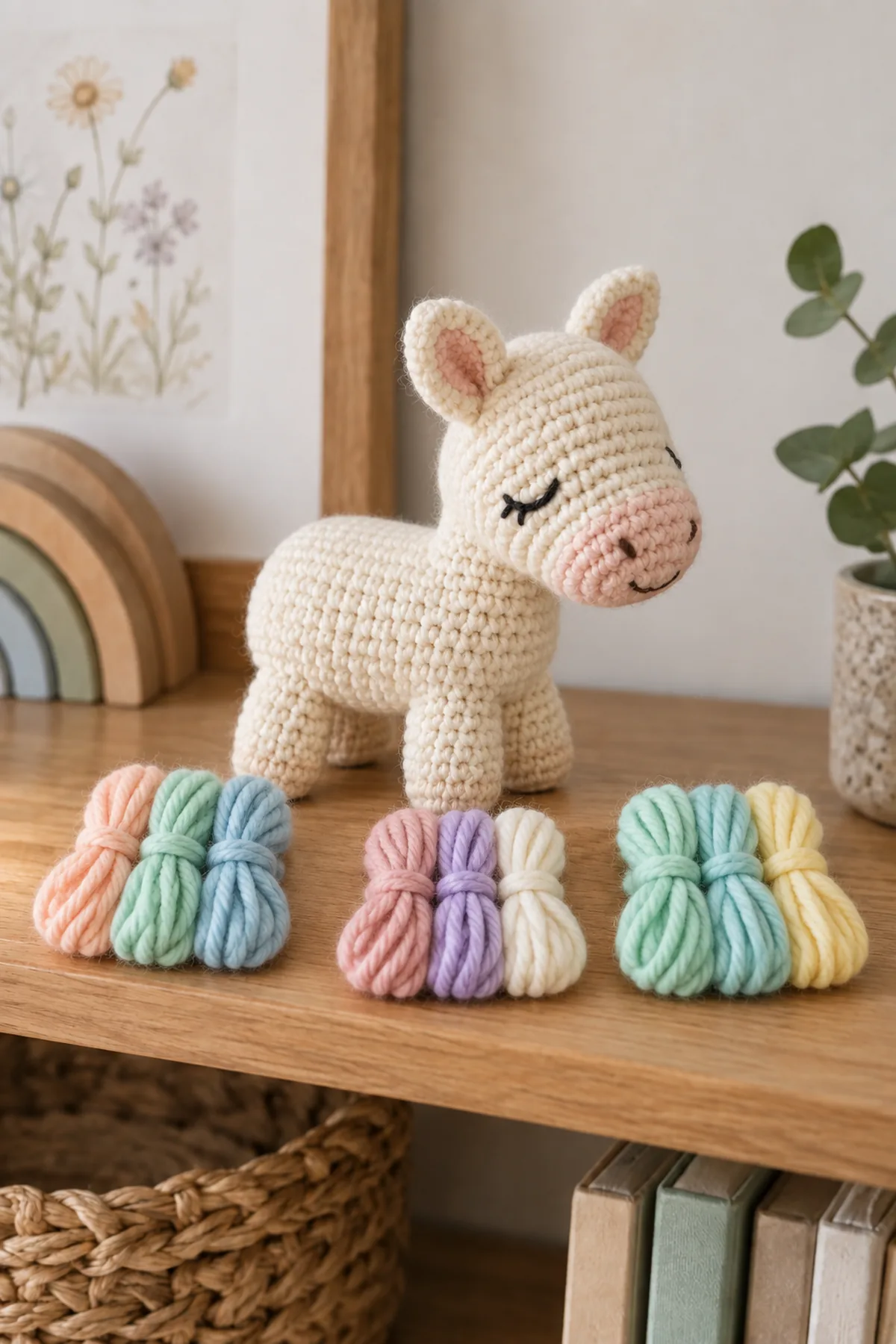 Assembled cream pocket pony without mane beside three tidy pastel mane and tail palette samples: sherbet rainbow, rose-lilac, and mint-sky