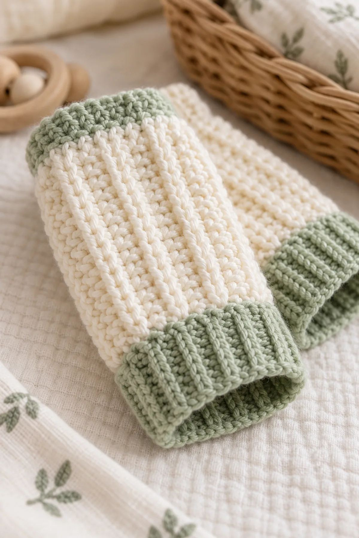 Close-up of the stitch texture and securely finished details on ribbed leg warmers for babies