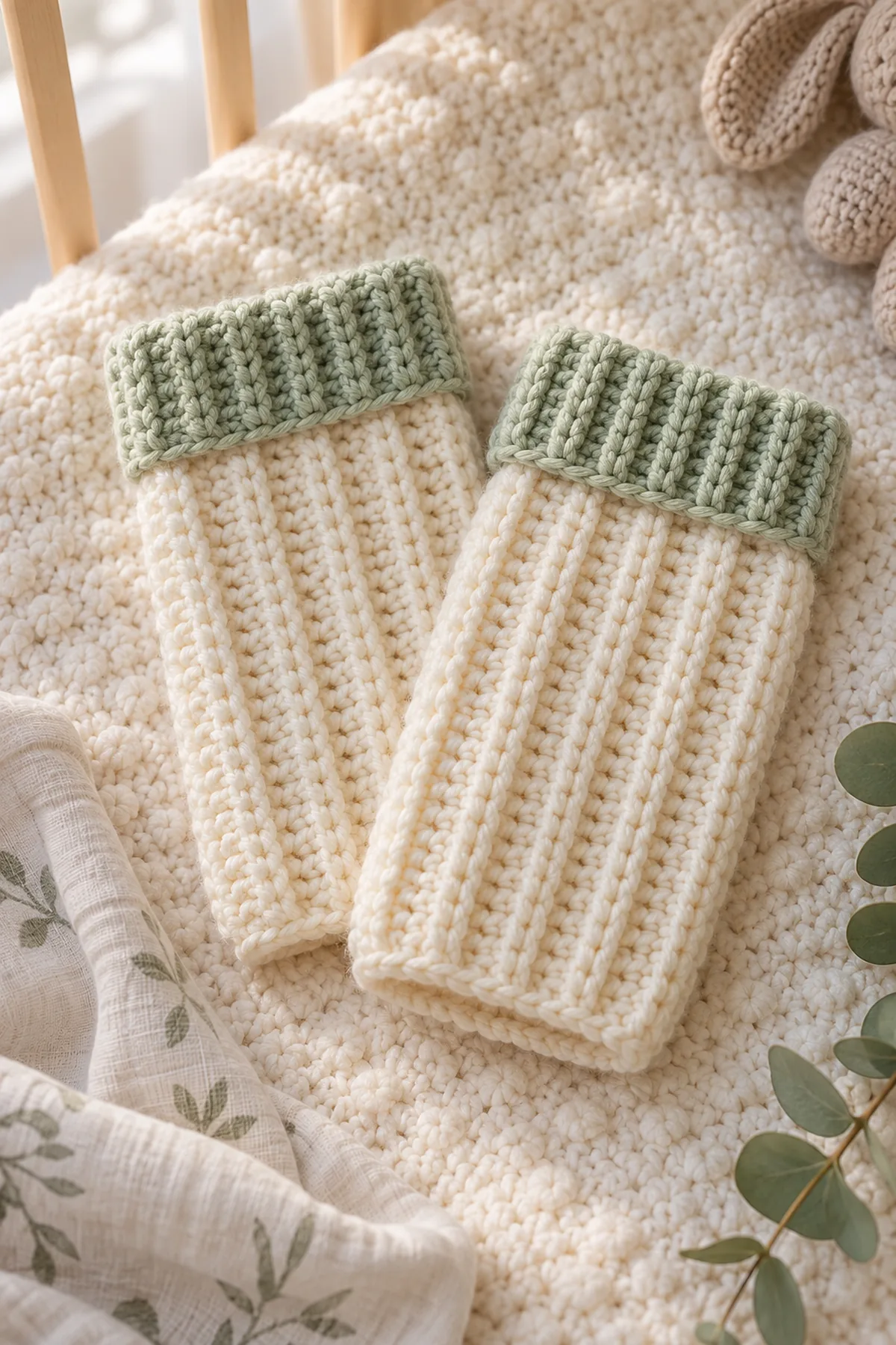 Finished ribbed leg warmers for babies in soft cream and sage yarn on a neutral nursery surface