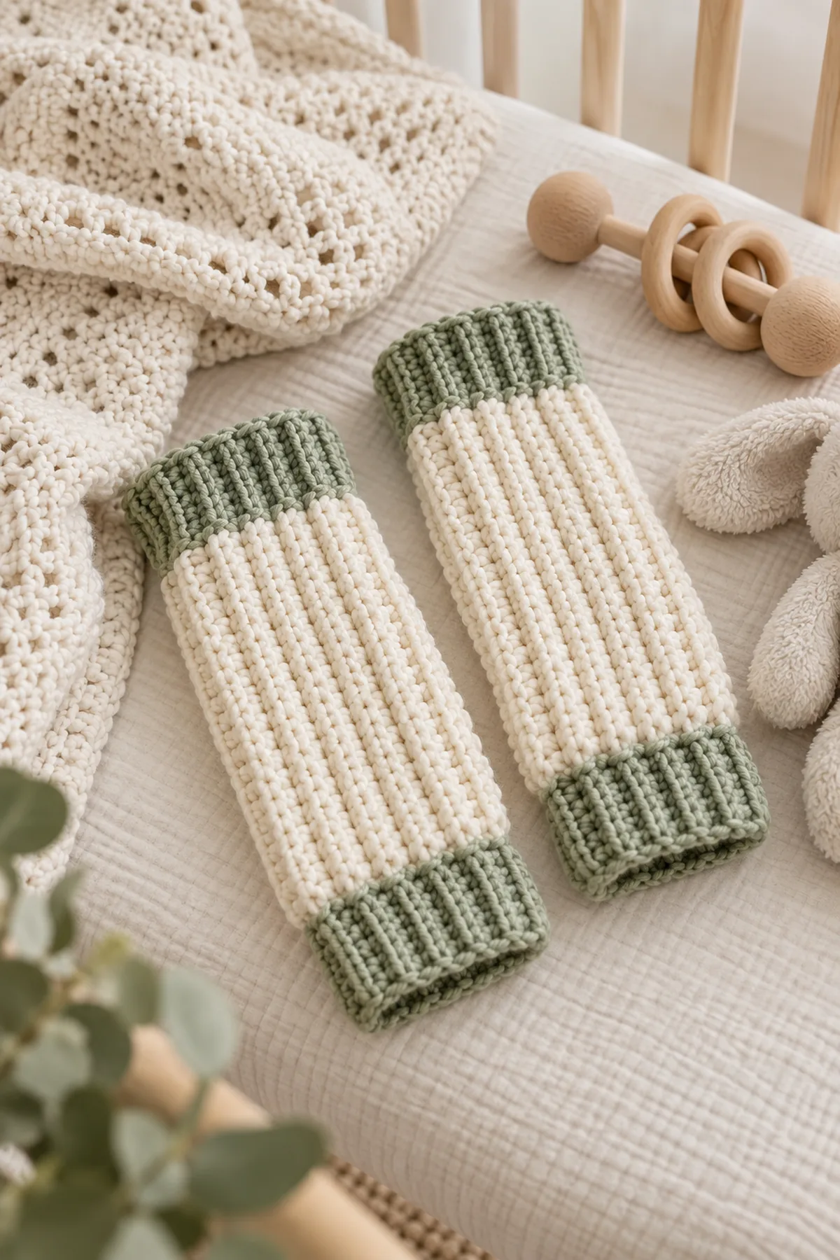 Finished ribbed leg warmers for babies styled in a calm bright nursery setting without a baby present