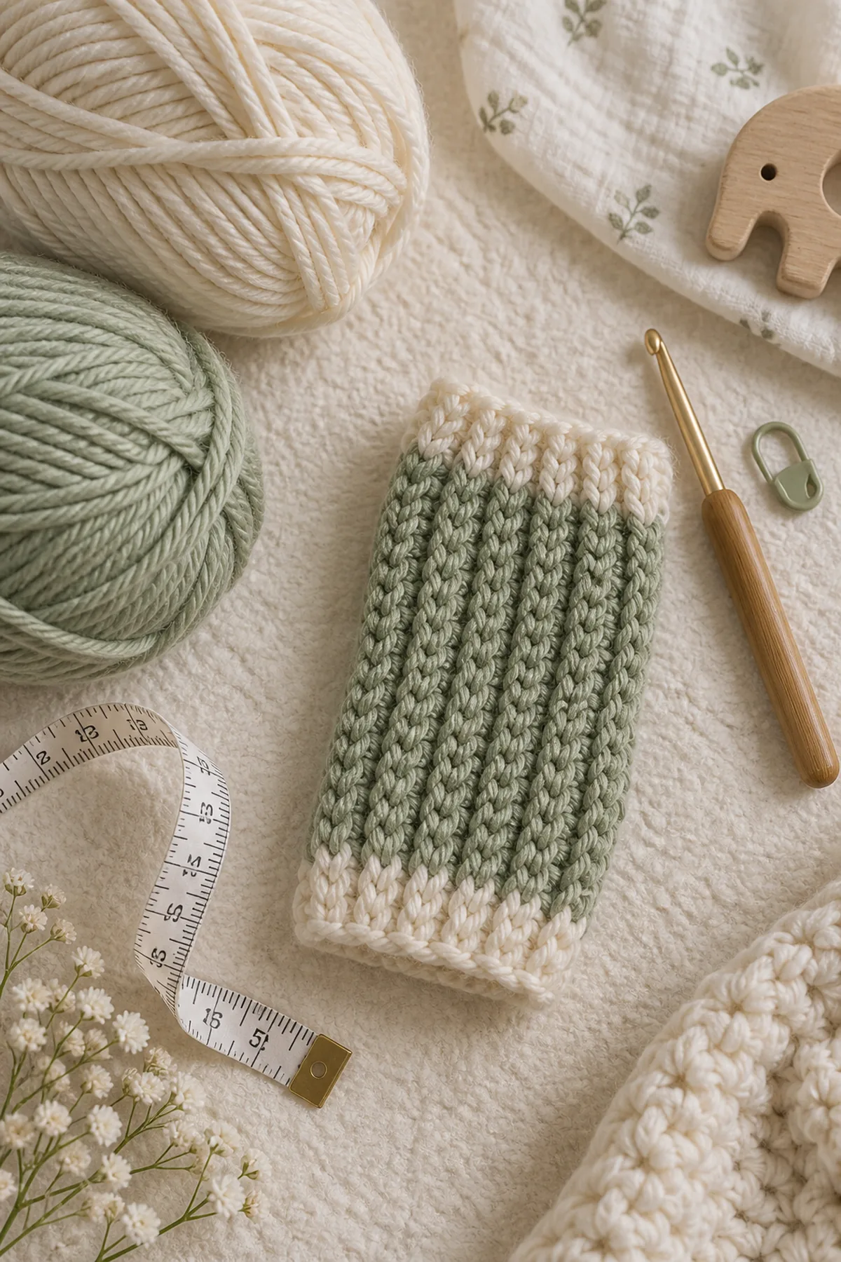 Baby-friendly yarn, crochet hook, stitch markers, tape measure, yarn needle, and scissors for ribbed leg warmers for babies