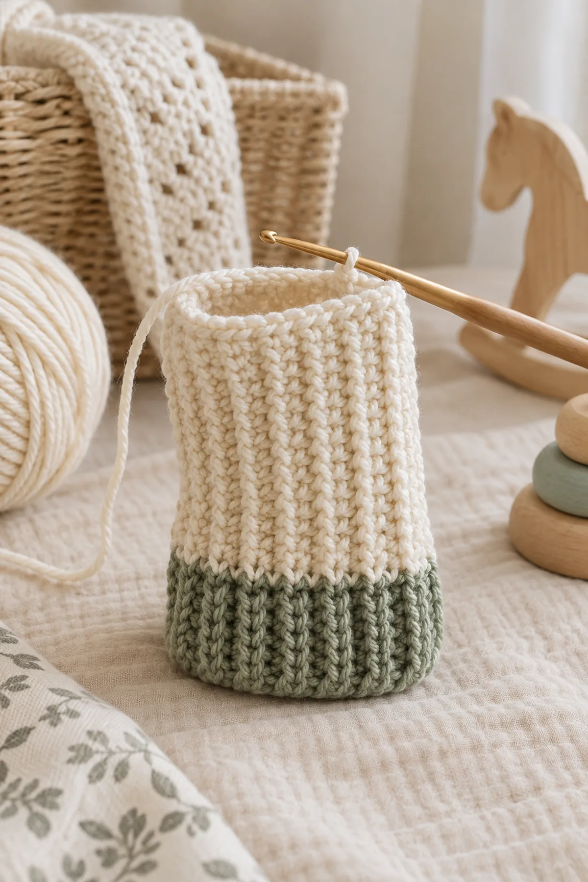 Early counted crochet stage of ribbed leg warmers for babies with matching yarn and hook