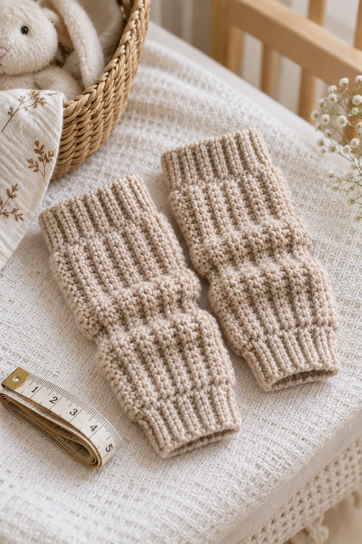 Mid-process construction of ribbed leg warmers for babies showing the established shape