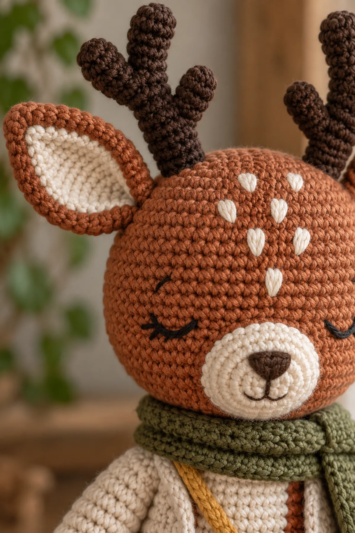 Close-up of the deer face with embroidered eyes and spots, fully sewn cream muzzle, lined ear, wire-free layered antler, and reinforced head seam