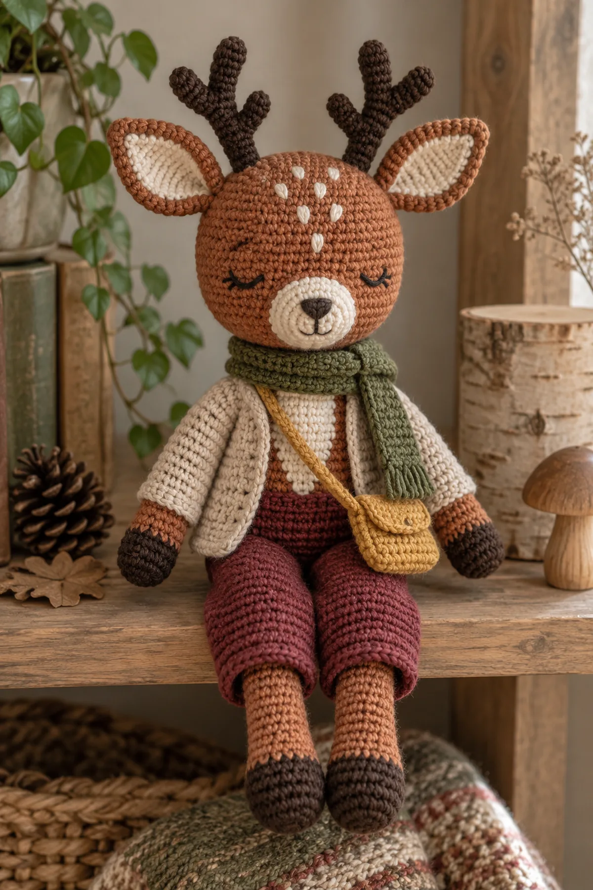 Finished original russet crochet deer amigurumi with cream muzzle and chest, embroidered sleepy face, soft branched antlers, long balanced limbs, moss scarf, oatmeal open cardigan, burgundy pants, and ochre crossbody bag