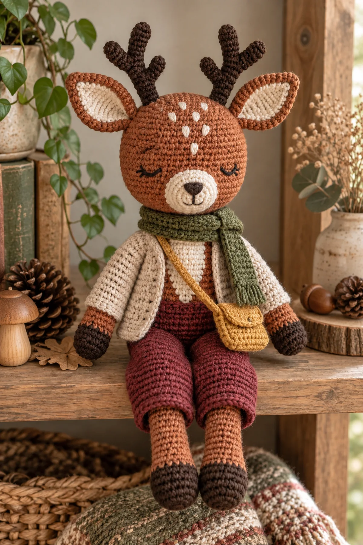 Completed dressed russet crochet deer seated upright on a nursery shelf wearing all four removable outfit pieces, with no child and no loose hardware
