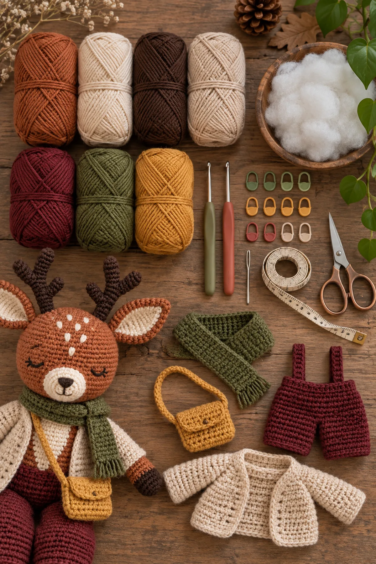 Russet, cream, dark brown, oatmeal, burgundy, moss, and ochre DK cotton yarn with 3.25 and 3.5 mm hooks, stuffing, markers, tape measure, yarn needle, and scissors for a dressed deer