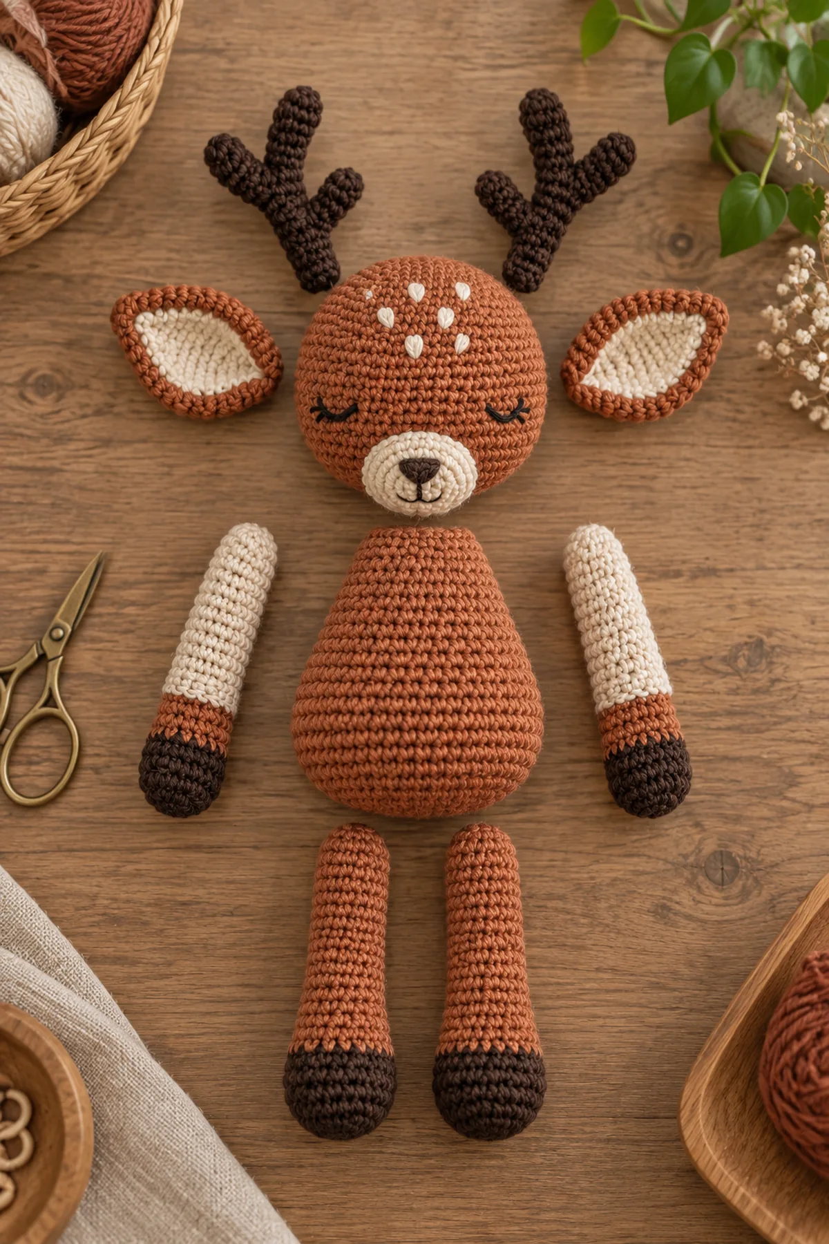 Pear-shaped 30-stitch russet deer body, separate shaped head, cream oval muzzle, two lined ears, two double-layer soft antlers, and four limbs before assembly