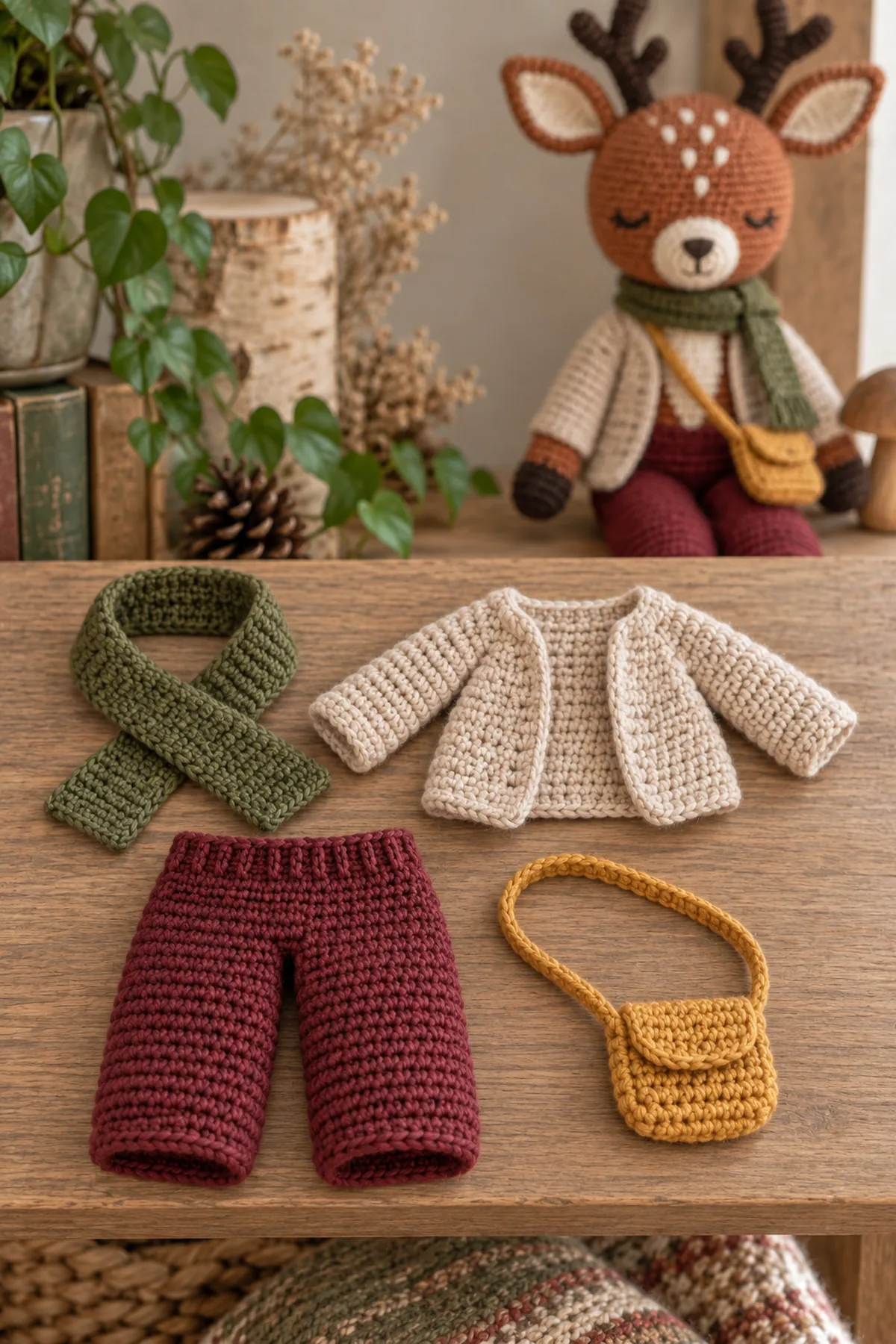 Four complete removable crochet outfit pieces laid flat: moss scarf, oatmeal open-front cardigan with sleeves, burgundy pull-on pants, and ochre yarn-only crossbody bag