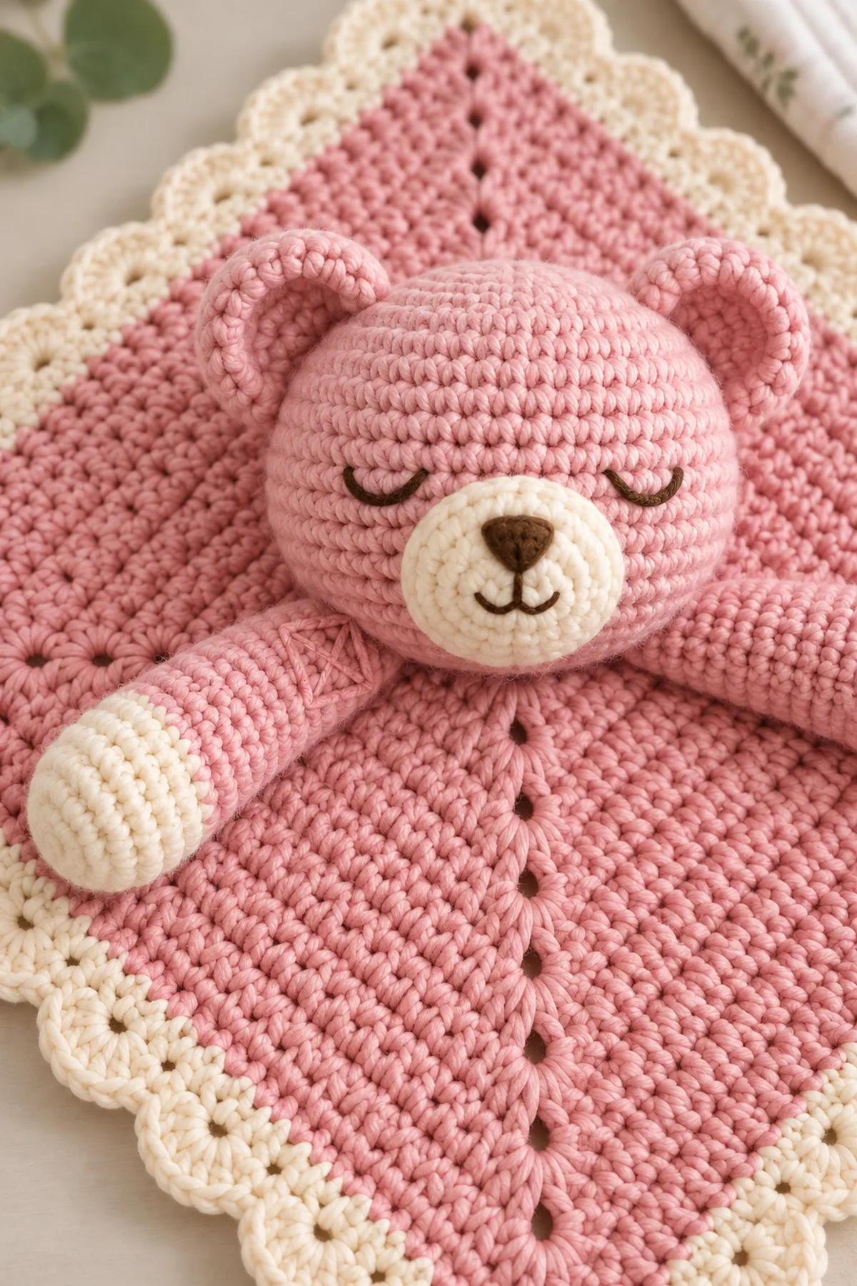 Close-up of embroidered sleepy bear face, fully sewn cream muzzle, reinforced ear seam, and boxed-and-crossed arm attachment on the pink comfort cloth