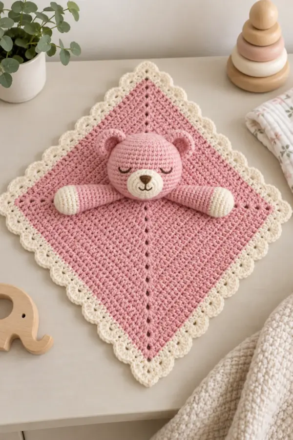 Finished original sleepy bear crochet lovey with a blush-pink center-out diamond comfort cloth, warm-cream scalloped border, pink sleepy bear head, cream muzzle, and two pink arms with cream paws