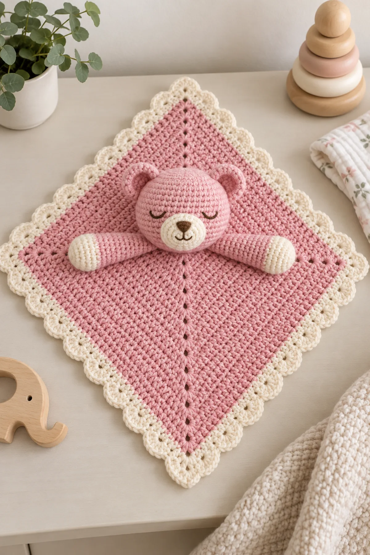 Finished original sleepy bear crochet lovey with a blush-pink center-out diamond comfort cloth, warm-cream scalloped border, pink sleepy bear head, cream muzzle, and two pink arms with cream paws