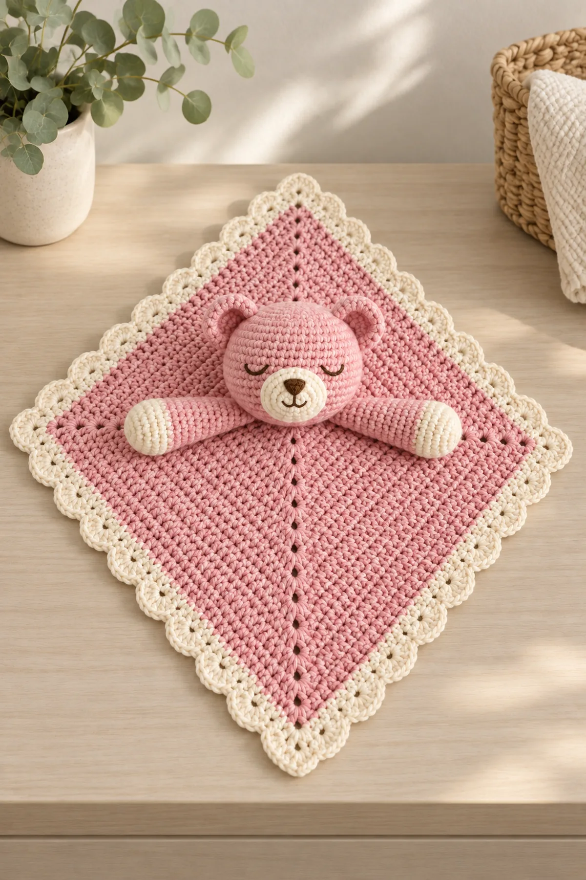Completed pink and cream sleepy bear crochet lovey styled flat on a calm neutral nursery surface without a baby, crib, or loose accessories