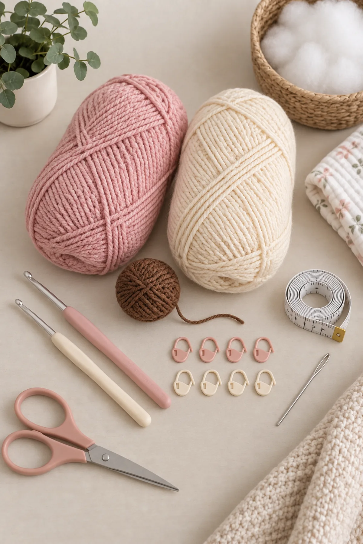 Blush pink, warm cream, and brown DK yarn, 4 mm and 3.5 mm hooks, washable stuffing, stitch markers, tape measure, yarn needle, and scissors for a sleepy bear lovey