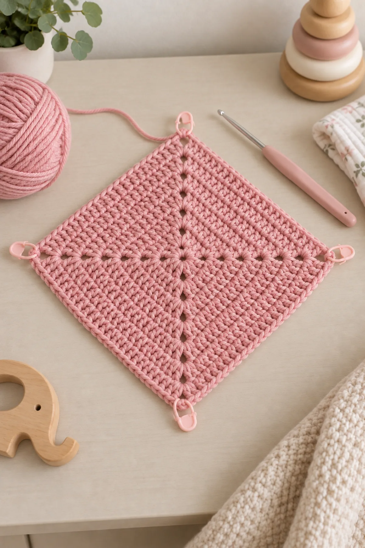 Blush-pink center-out crochet square at eight rounds with four clearly marked corners and a 4 mm hook