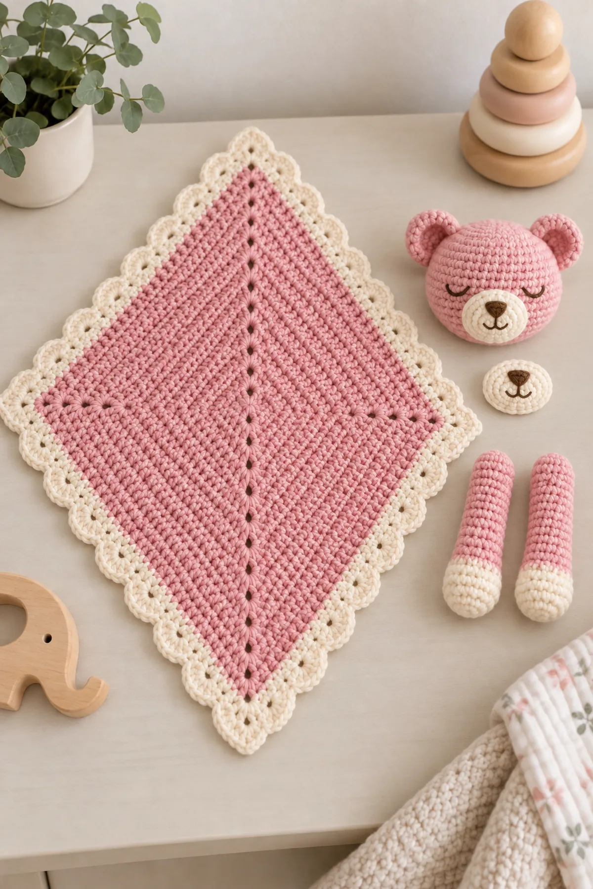 Separate sleepy pink crochet bear head with embroidered closed eyes, cream muzzle, two rounded ears, and two matching pink arms with cream paws before lovey assembly
