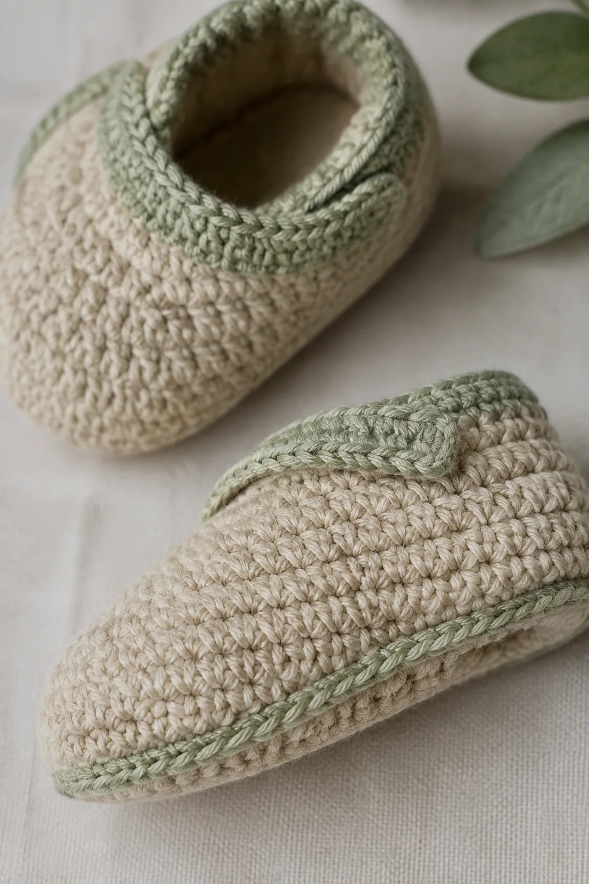 Close-up of the stitch texture and securely finished details on soft crochet baby moccasins