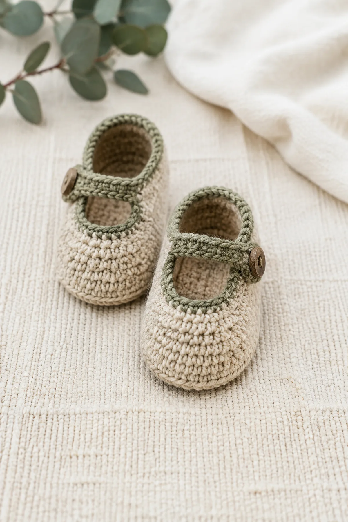 Finished soft crochet baby moccasins in soft cream and sage yarn on a neutral nursery surface