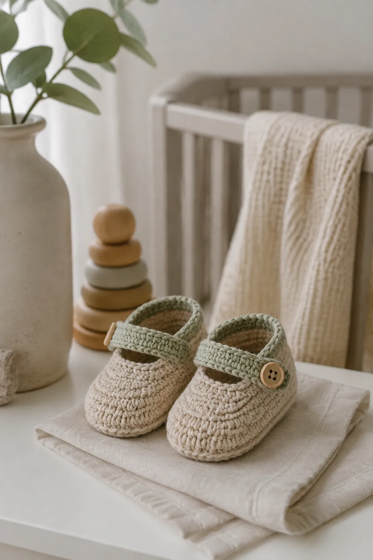 Finished soft crochet baby moccasins styled in a calm bright nursery setting without a baby present