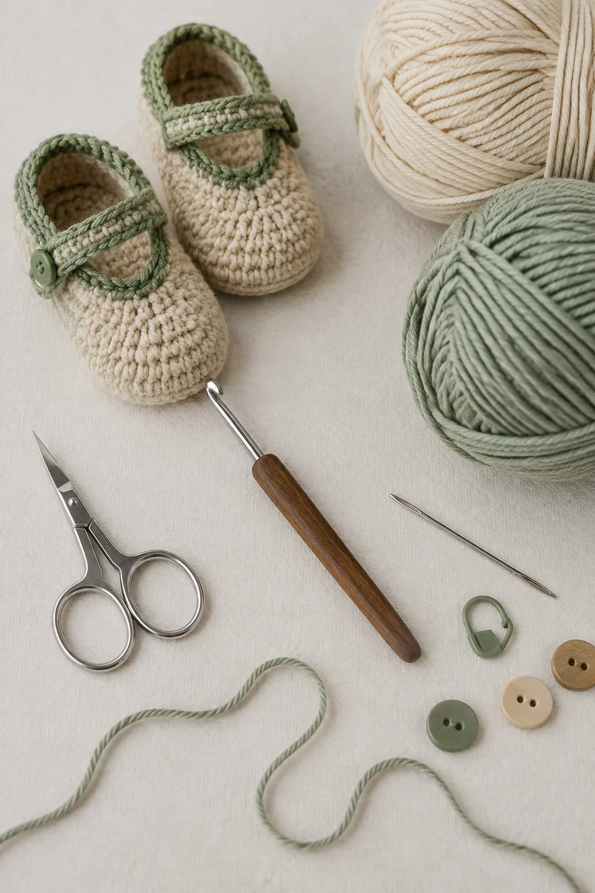 Baby-friendly yarn, crochet hook, stitch markers, tape measure, yarn needle, and scissors for soft crochet baby moccasins
