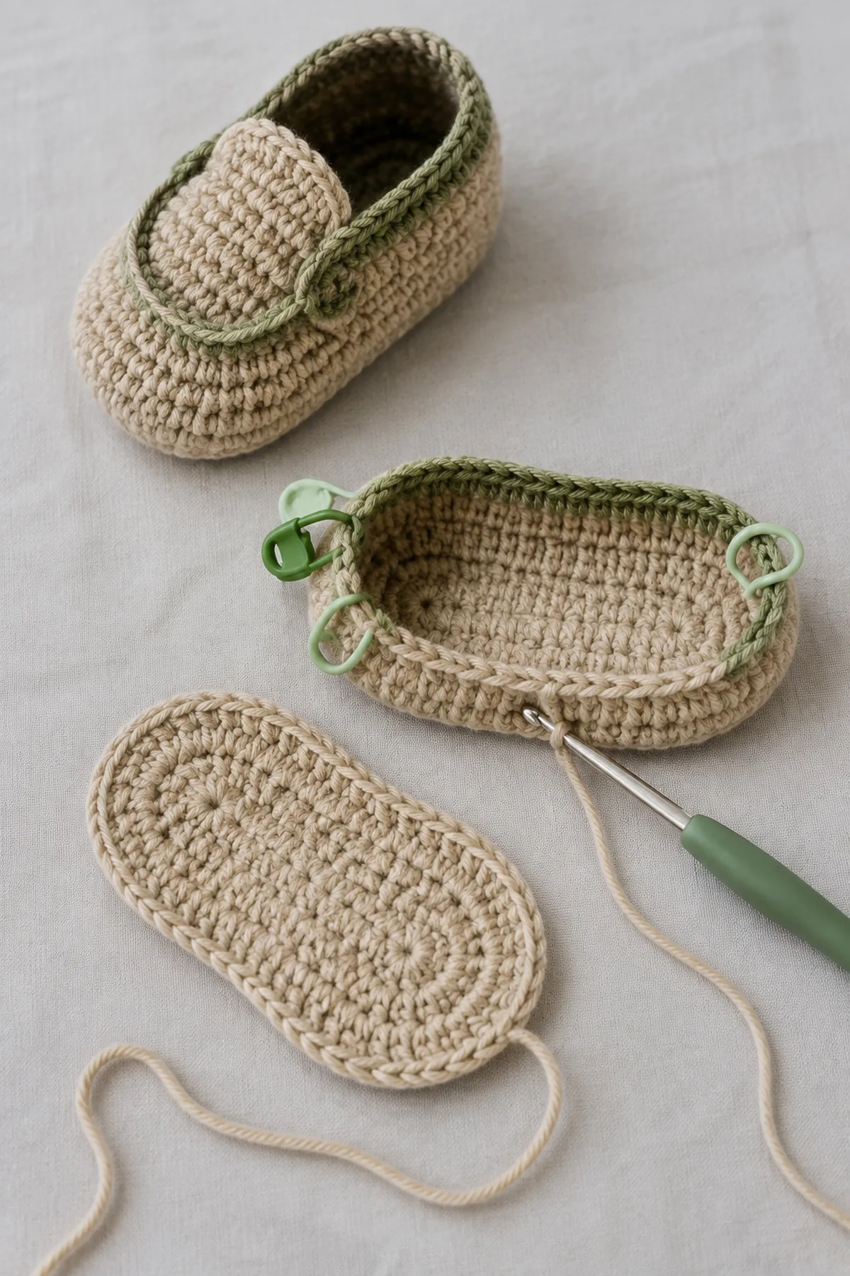 Early counted crochet stage of soft crochet baby moccasins with matching yarn and hook
