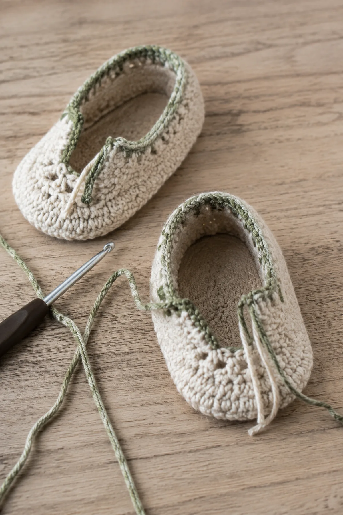 Mid-process construction of soft crochet baby moccasins showing the established shape