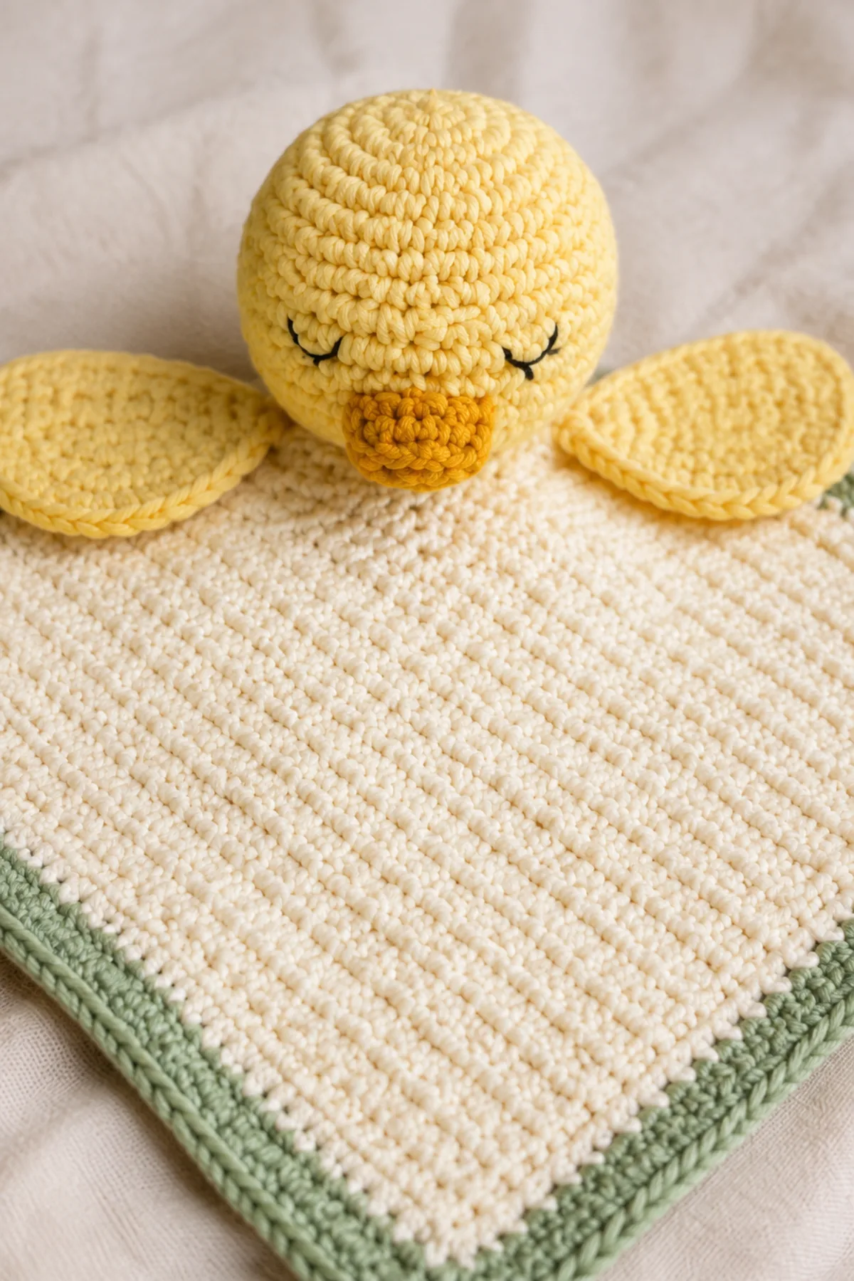 Close-up of the embroidered duckling face, flat wing seams, and anchored honey bill