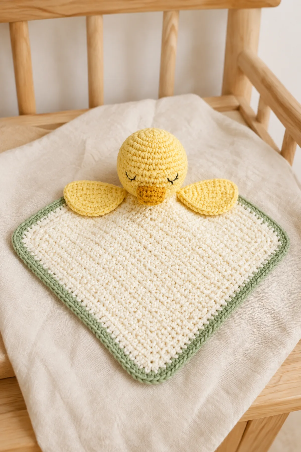 Finished sunshine-yellow duckling lovey with cream square, sage edge, and flat wings