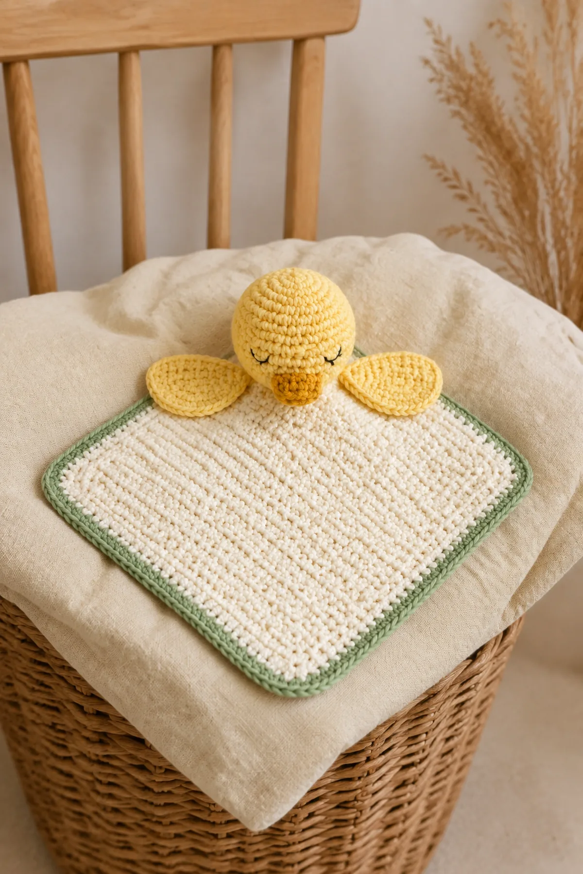 Finished soft crochet duckling lovey styled in a calm bright nursery setting without a baby present