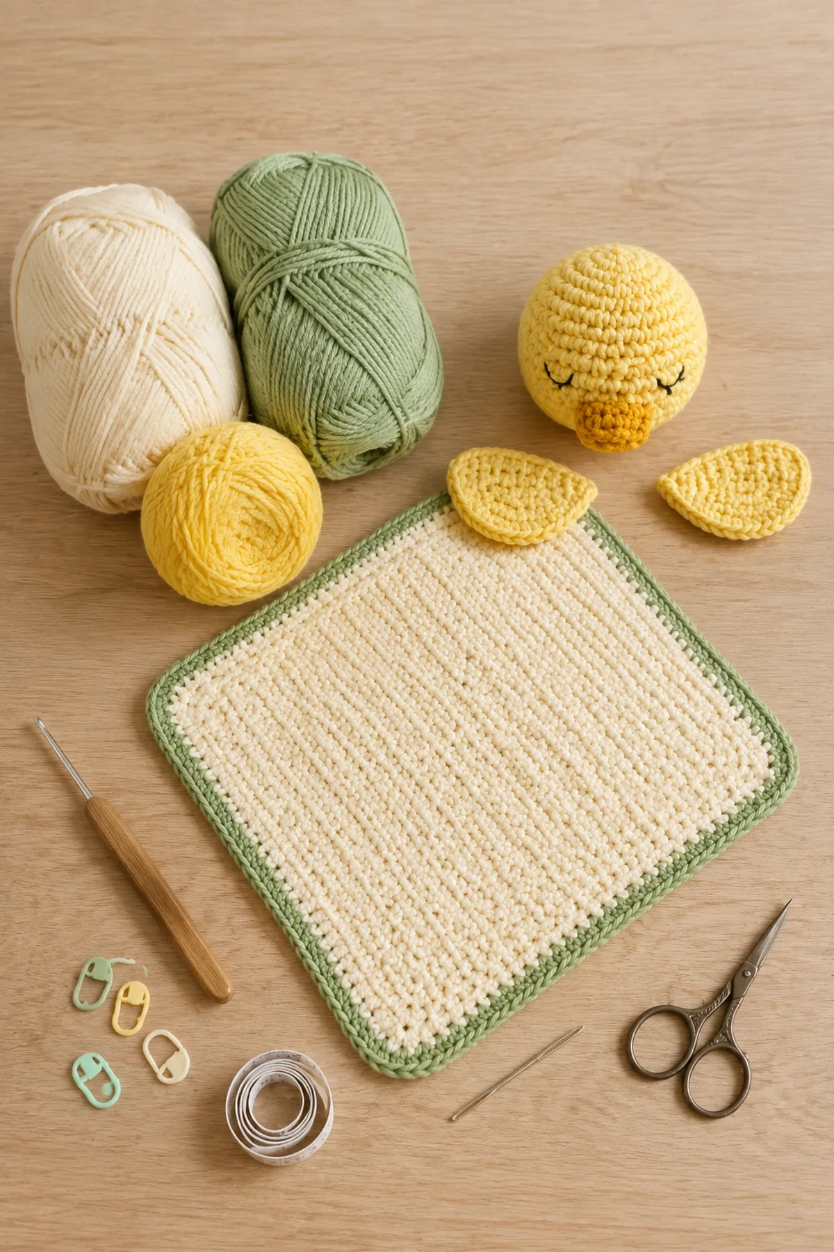 Baby-friendly yarn, crochet hook, stitch markers, tape measure, yarn needle, and scissors for soft crochet duckling lovey