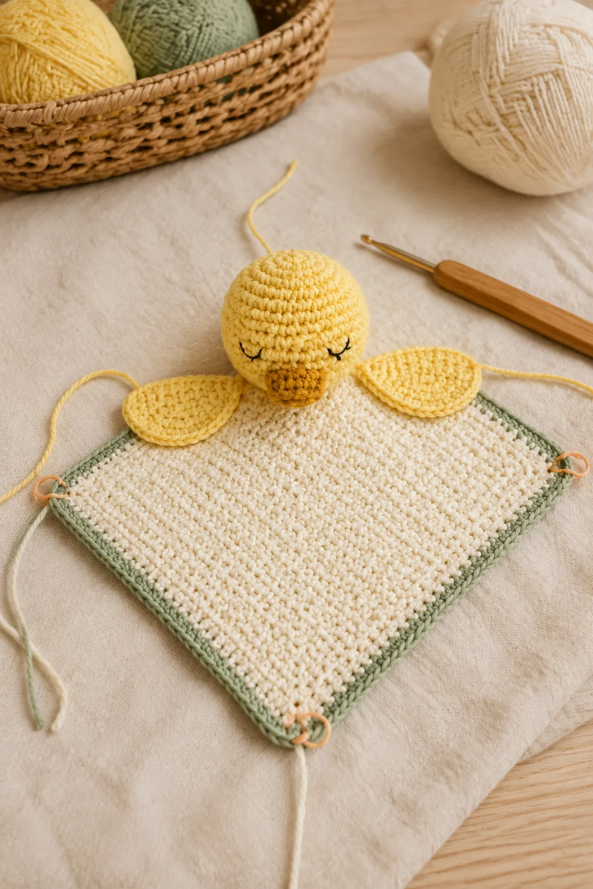 Early counted crochet stage of soft crochet duckling lovey with matching yarn and hook