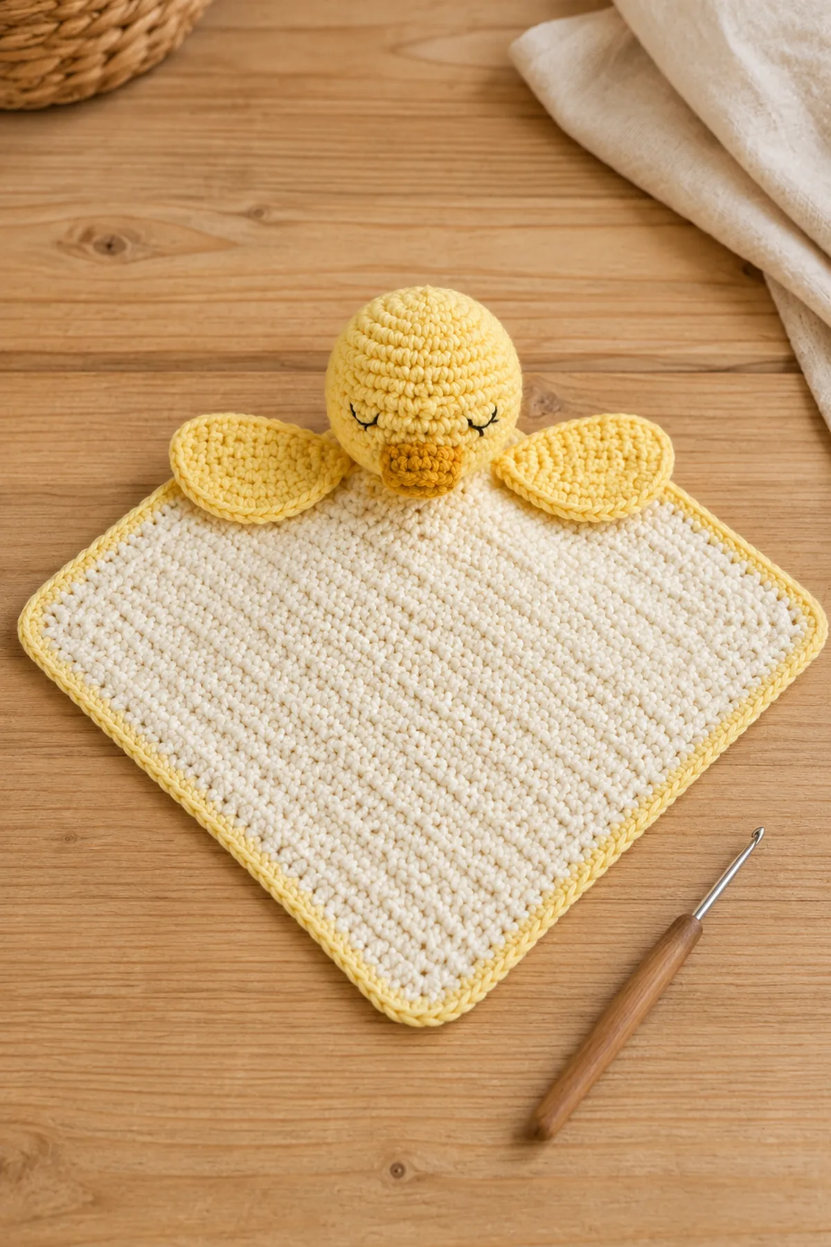 Cream lovey square with separate duckling head, two flat wings, and honey bill before assembly