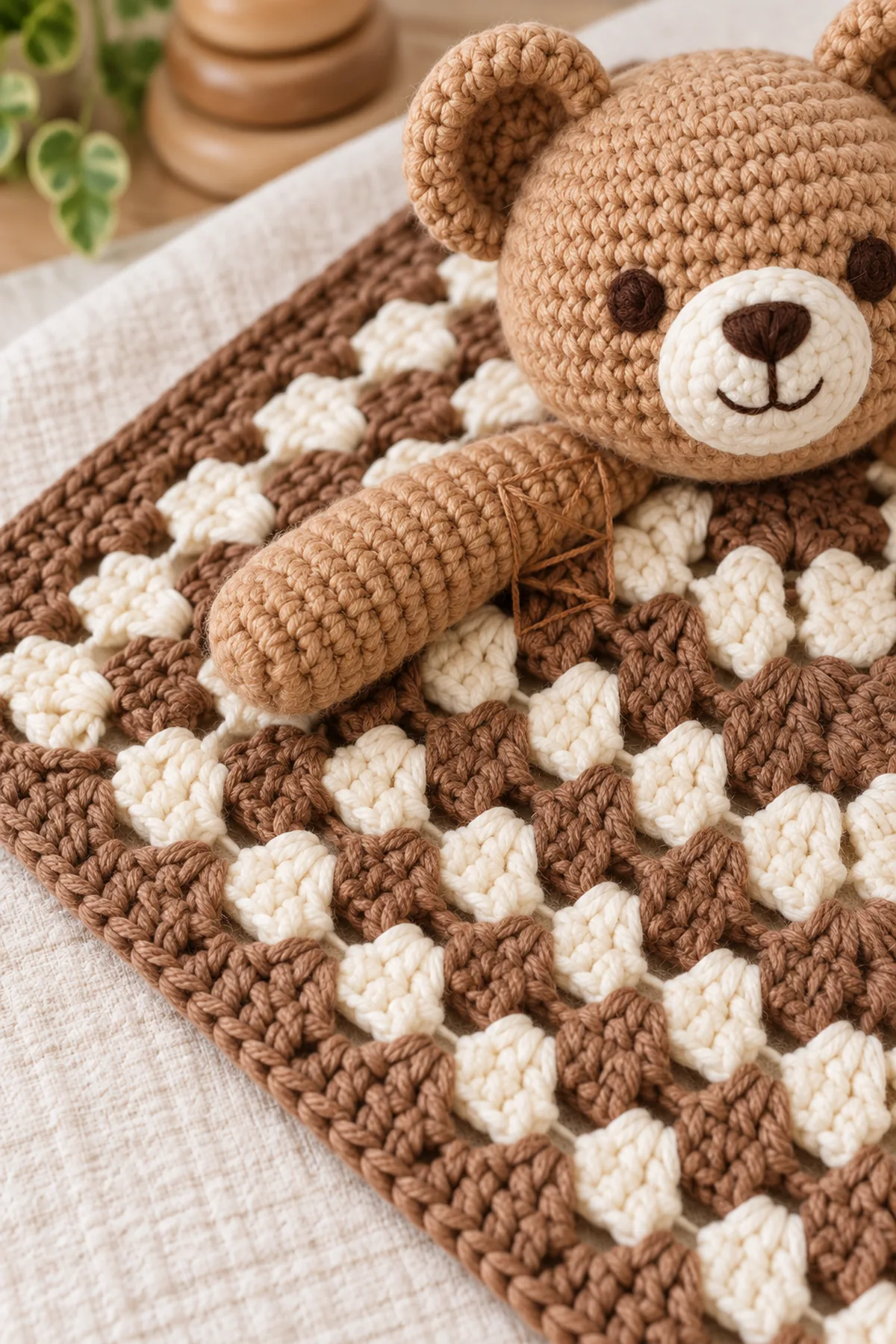 Close-up of alternating granny clusters, firm mocha border, fully sewn cream muzzle, reinforced ear seam, and boxed-and-crossed arm attachment