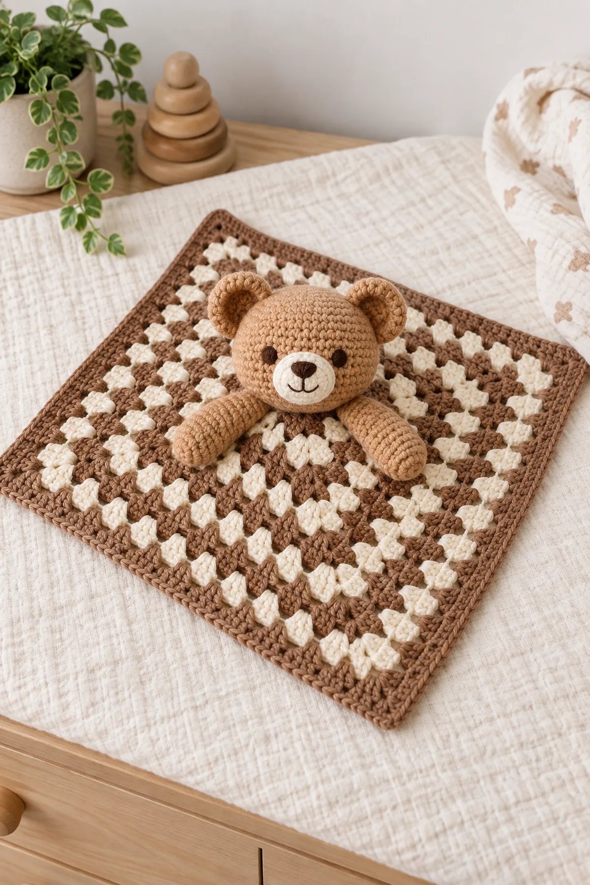 Finished original teddy bear baby lovey with an alternating warm-cream and mocha granny-square comfort cloth, firm mocha border, caramel teddy head, cream muzzle, rounded ears, and two soft caramel arms