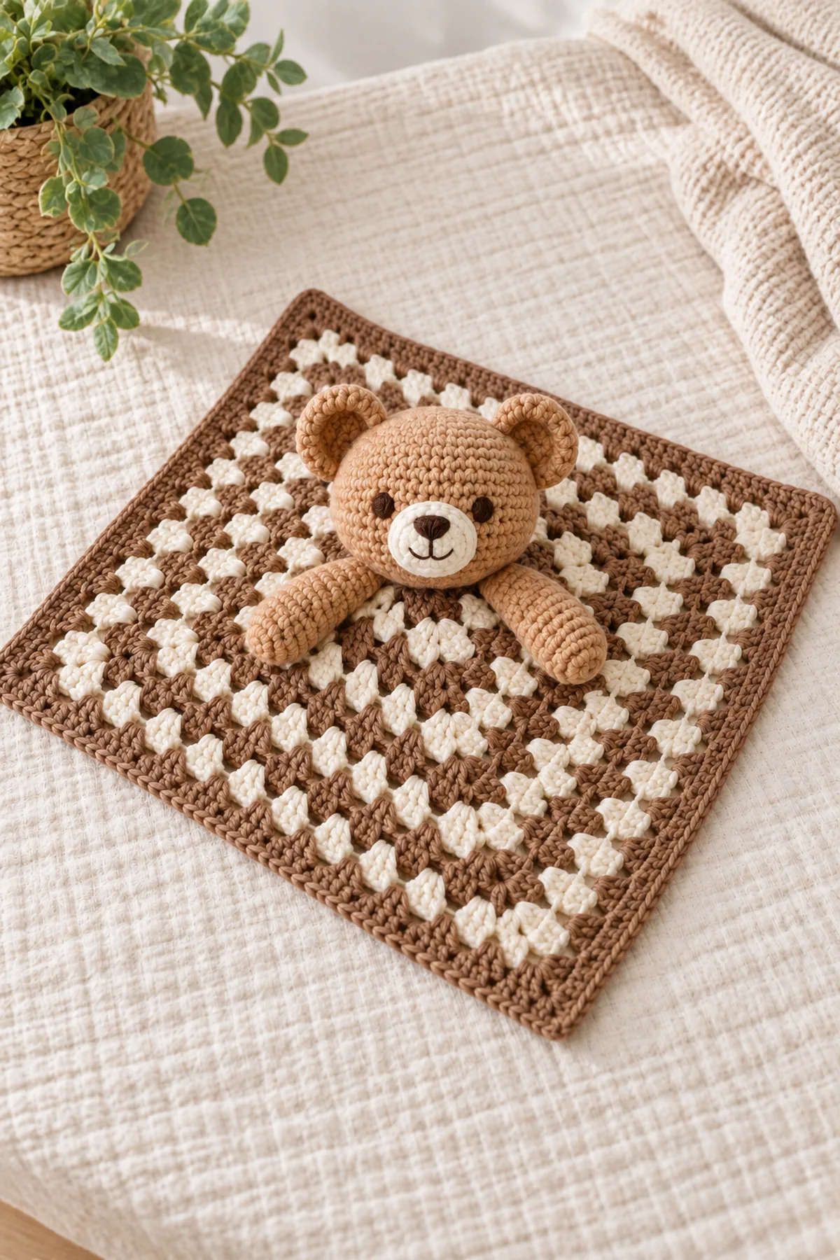 Completed cream, mocha, and caramel teddy bear granny-square baby lovey styled flat on a calm neutral nursery surface without a baby or crib