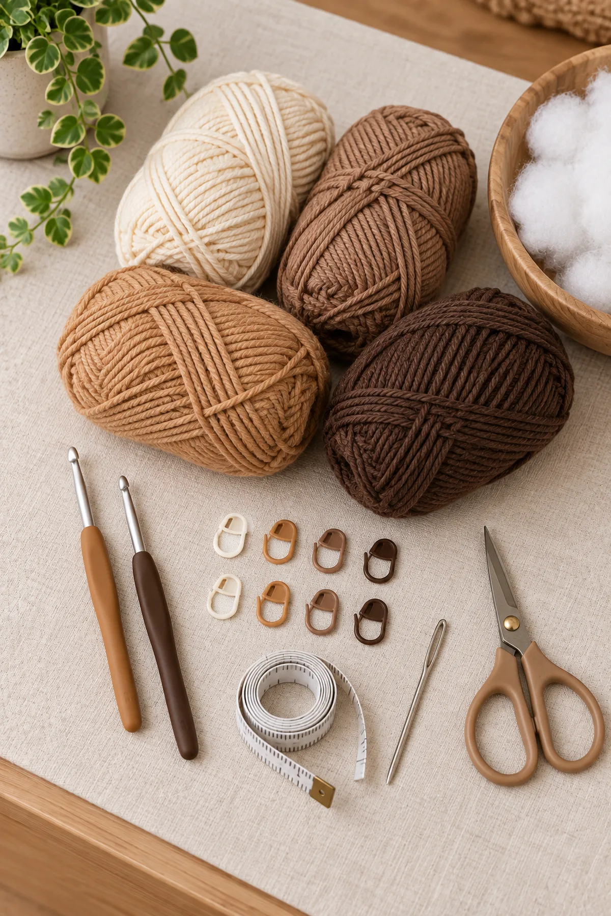 Warm-cream, mocha, caramel, and dark-brown DK yarn, 4 mm and 3.5 mm hooks, washable stuffing, stitch markers, tape measure, yarn needle, and scissors for a granny-square teddy bear lovey