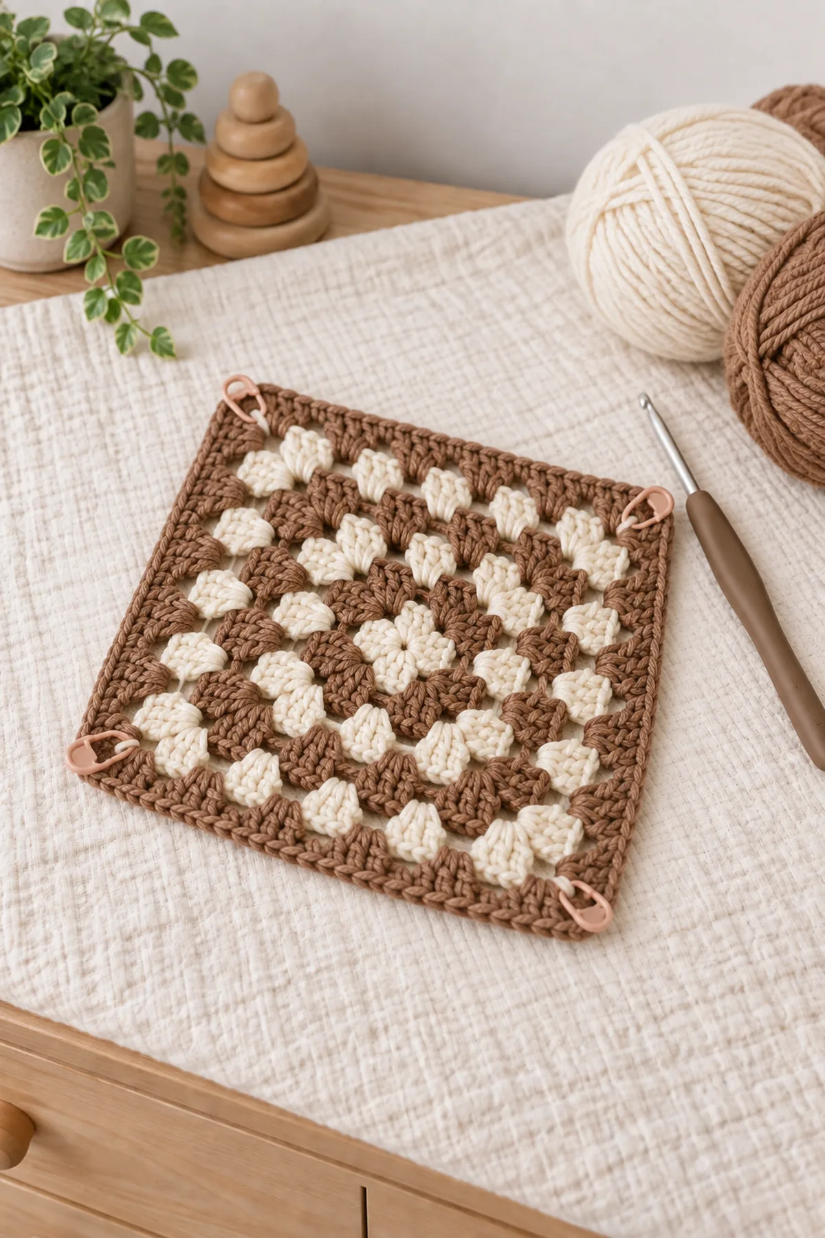 Two-color cream and mocha crochet granny square at five joined rounds with all four ch-2 corners marked