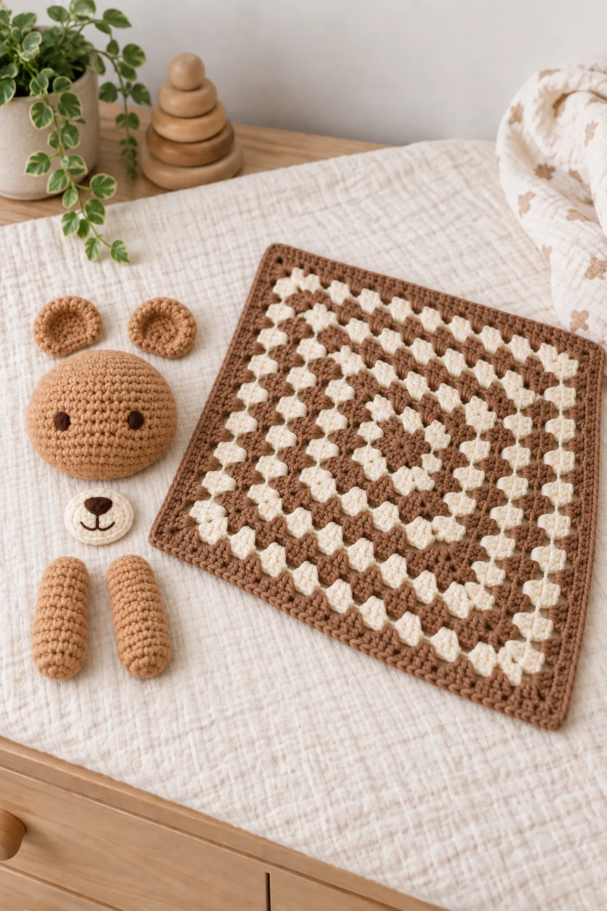 Separate caramel crochet teddy head with embroidered face, two flat ears, cream oval muzzle, and two matching soft arms before lovey assembly