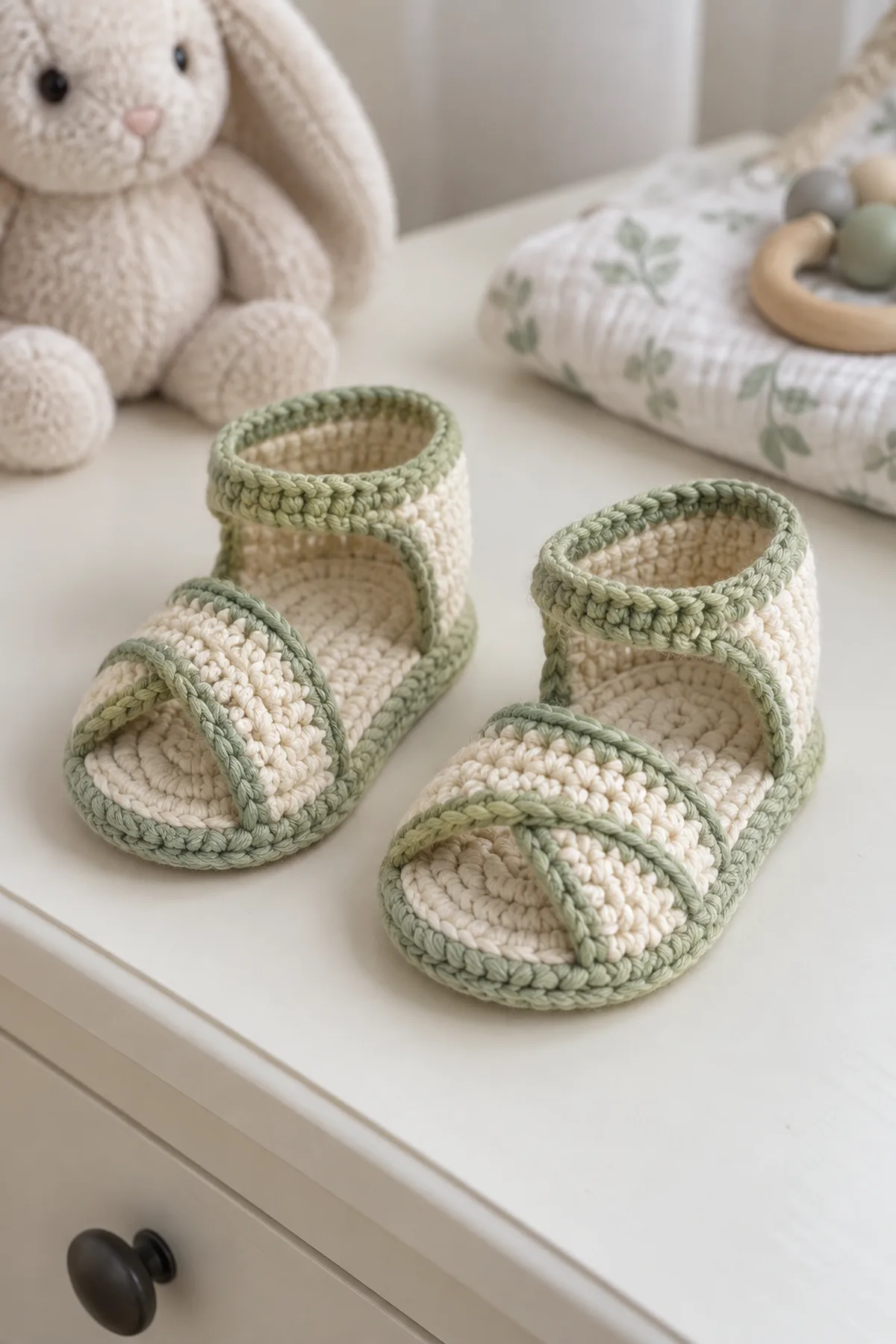 Finished textured baby fisherman sandals in soft cream and sage yarn on a neutral nursery surface