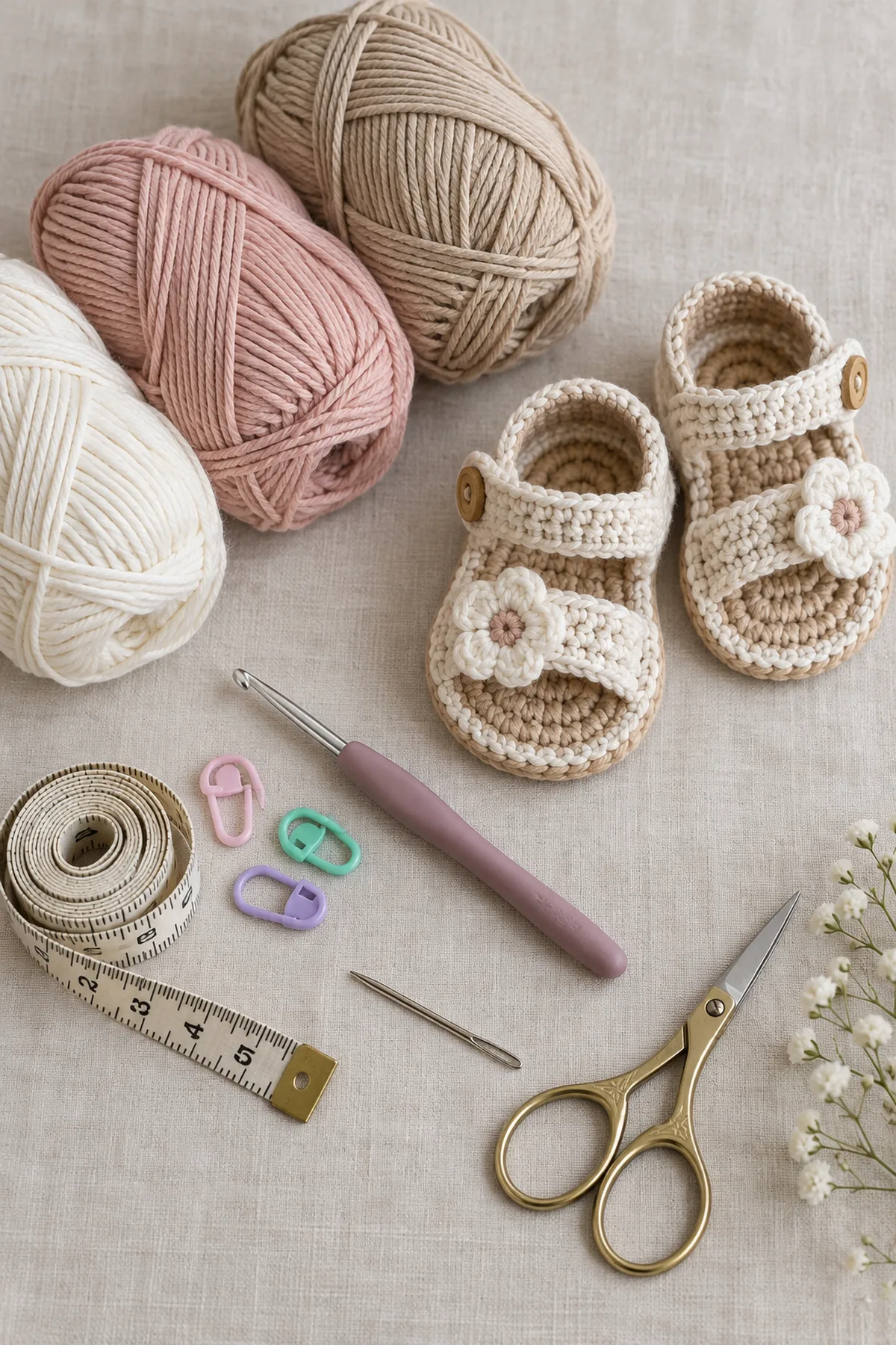 Baby-friendly yarn, crochet hook, stitch markers, tape measure, yarn needle, and scissors for textured baby fisherman sandals