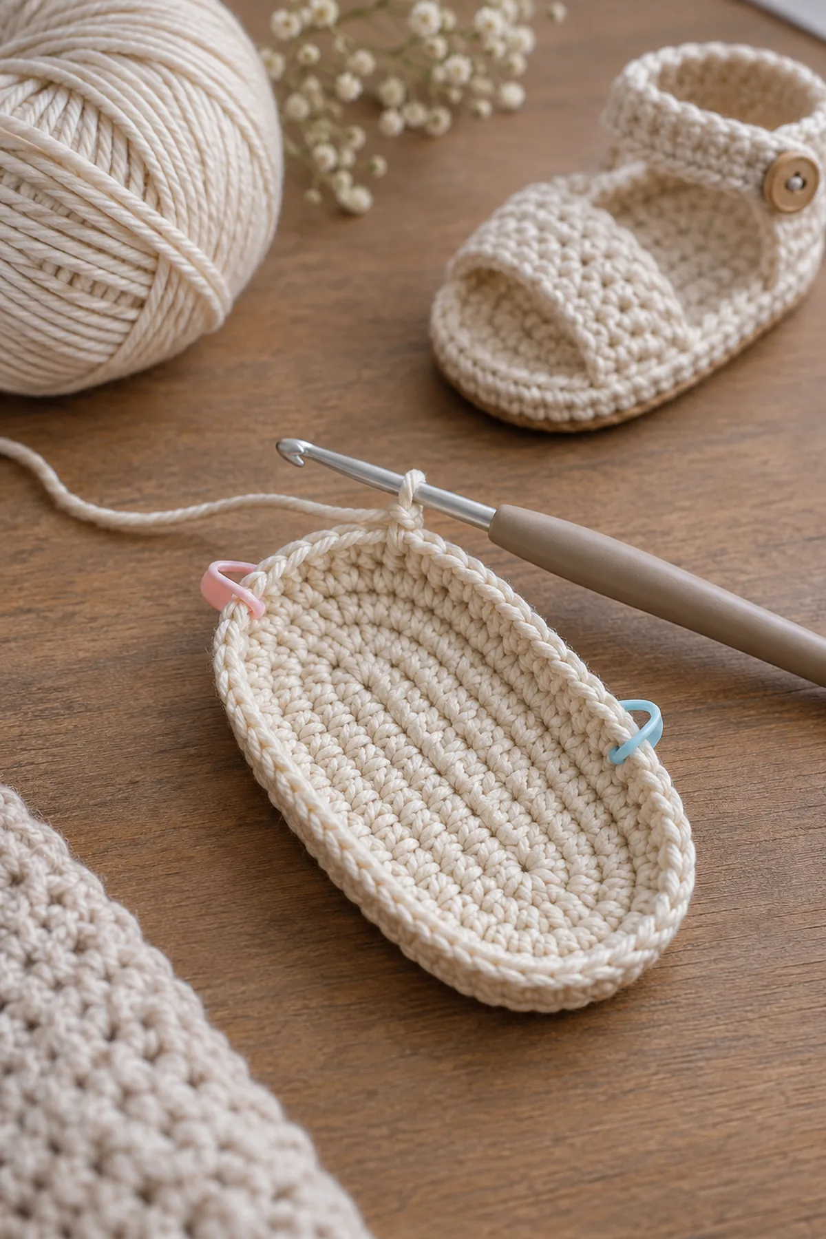 Early counted crochet stage of textured baby fisherman sandals with matching yarn and hook
