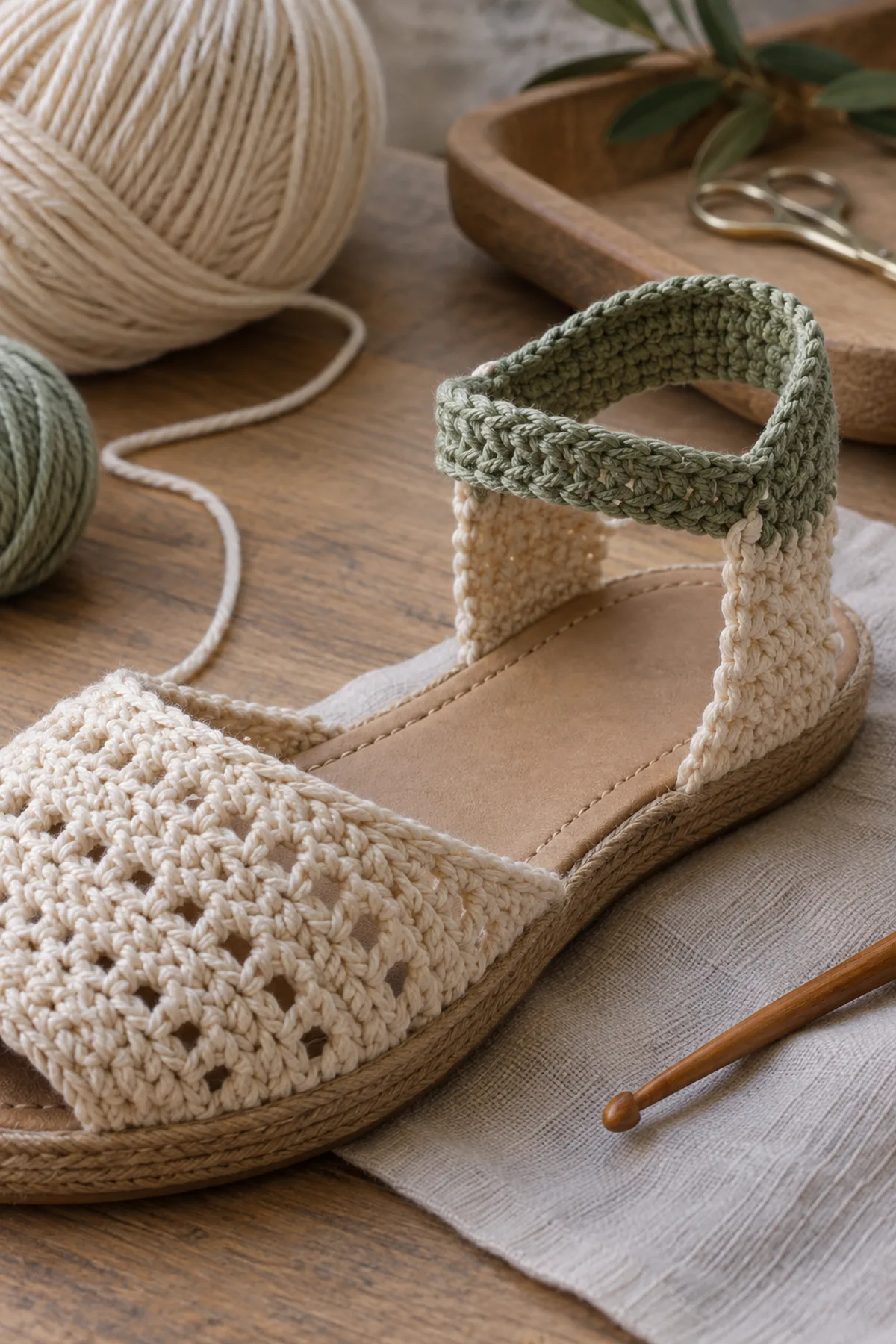 Mid-process construction of textured baby fisherman sandals showing the established shape