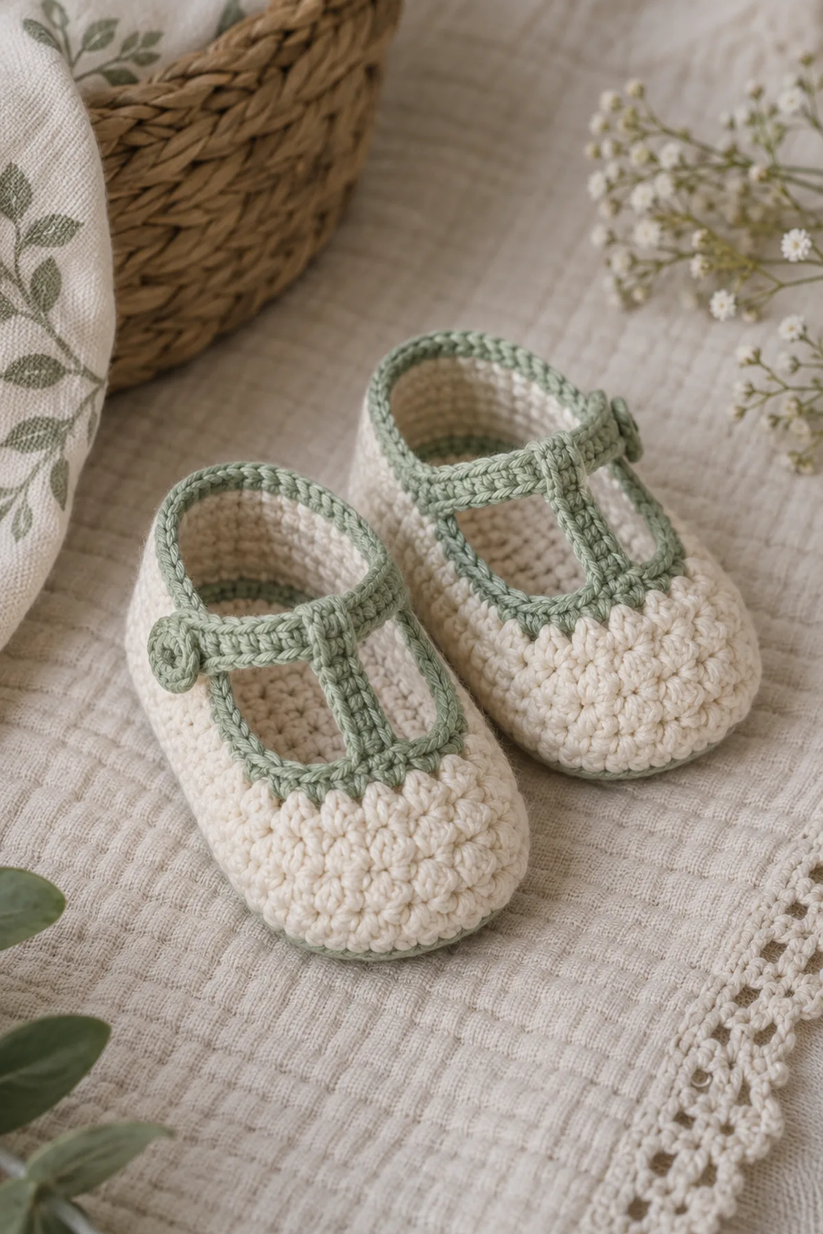 Finished textured t-strap baby shoes in soft cream and sage yarn on a neutral nursery surface