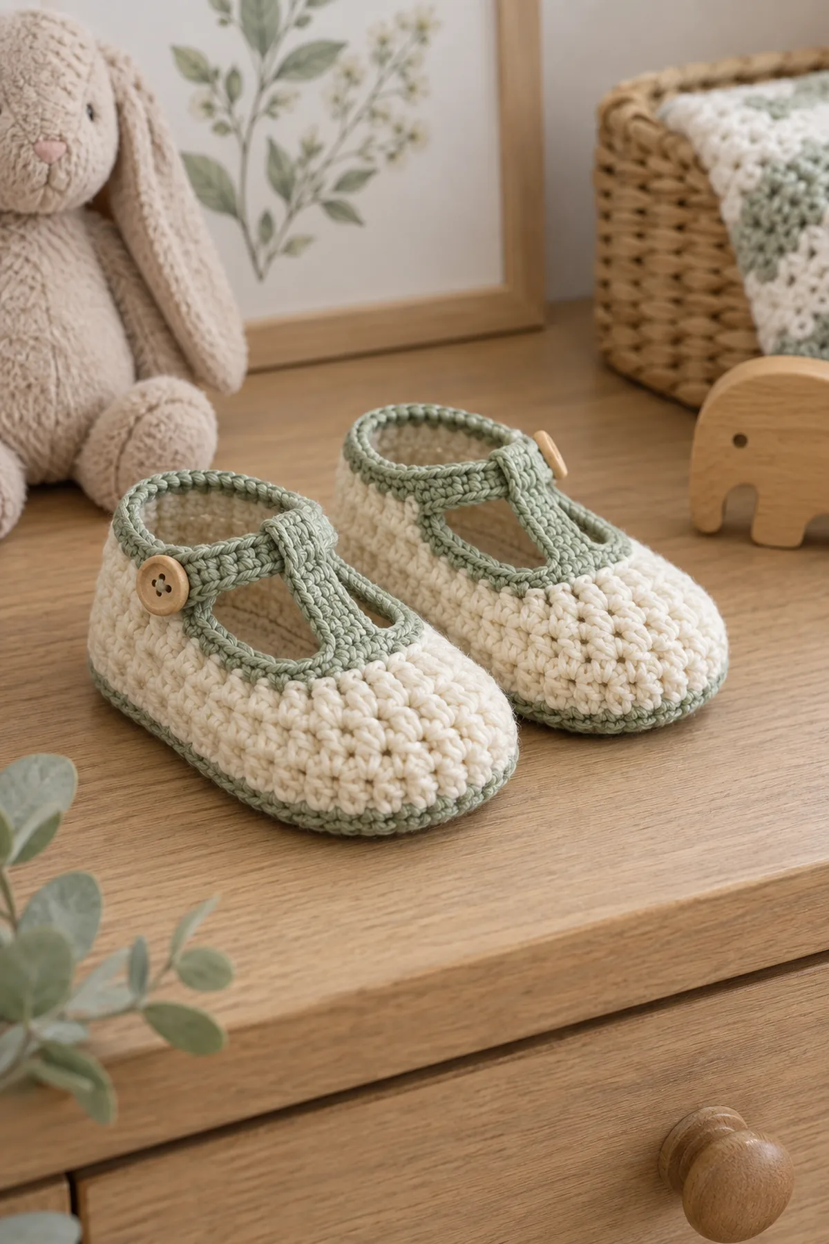 Finished textured t-strap baby shoes styled in a calm bright nursery setting without a baby present